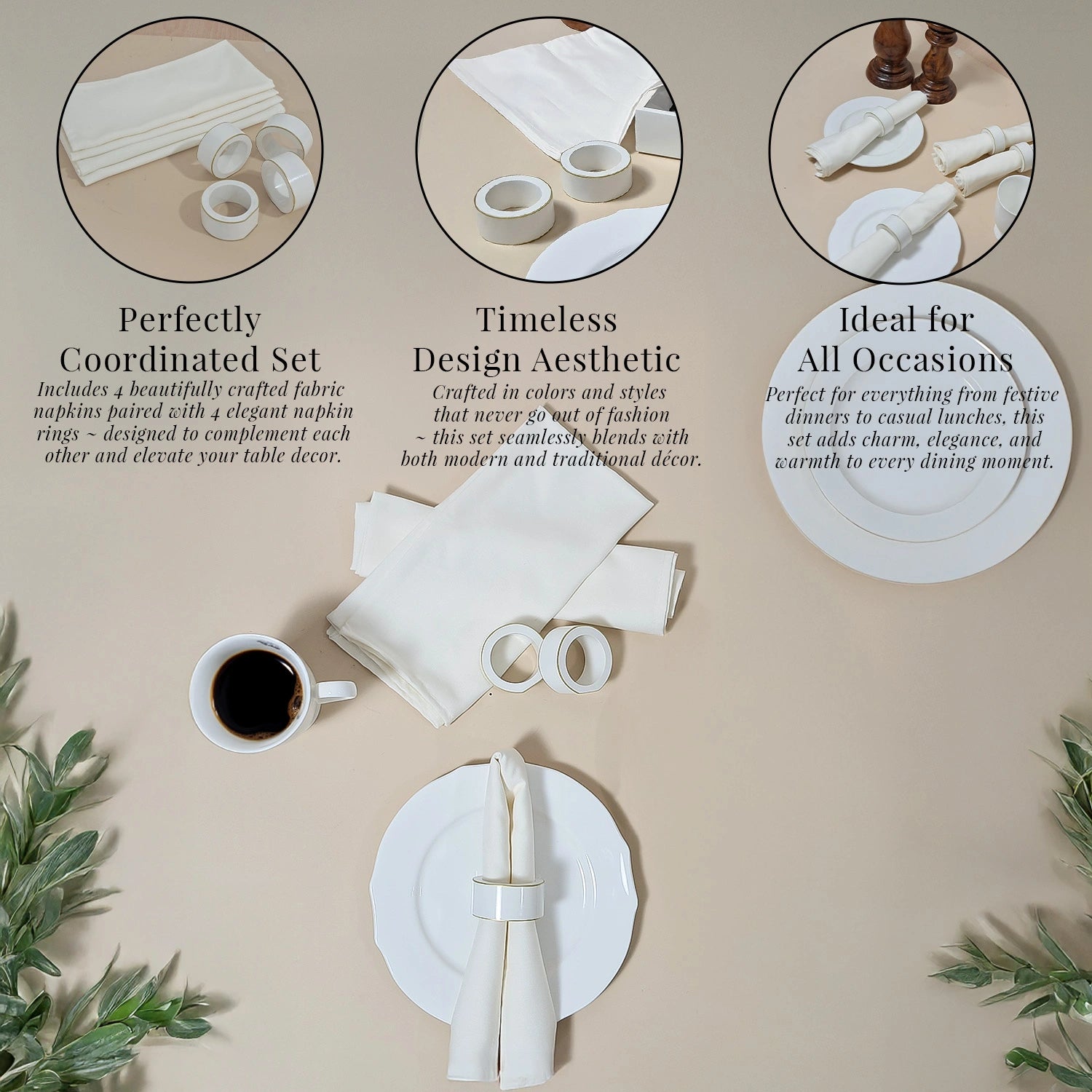 Eggshell Handcrafted Solid Color Napkin Rings & Cloth Napkins Combo Set
