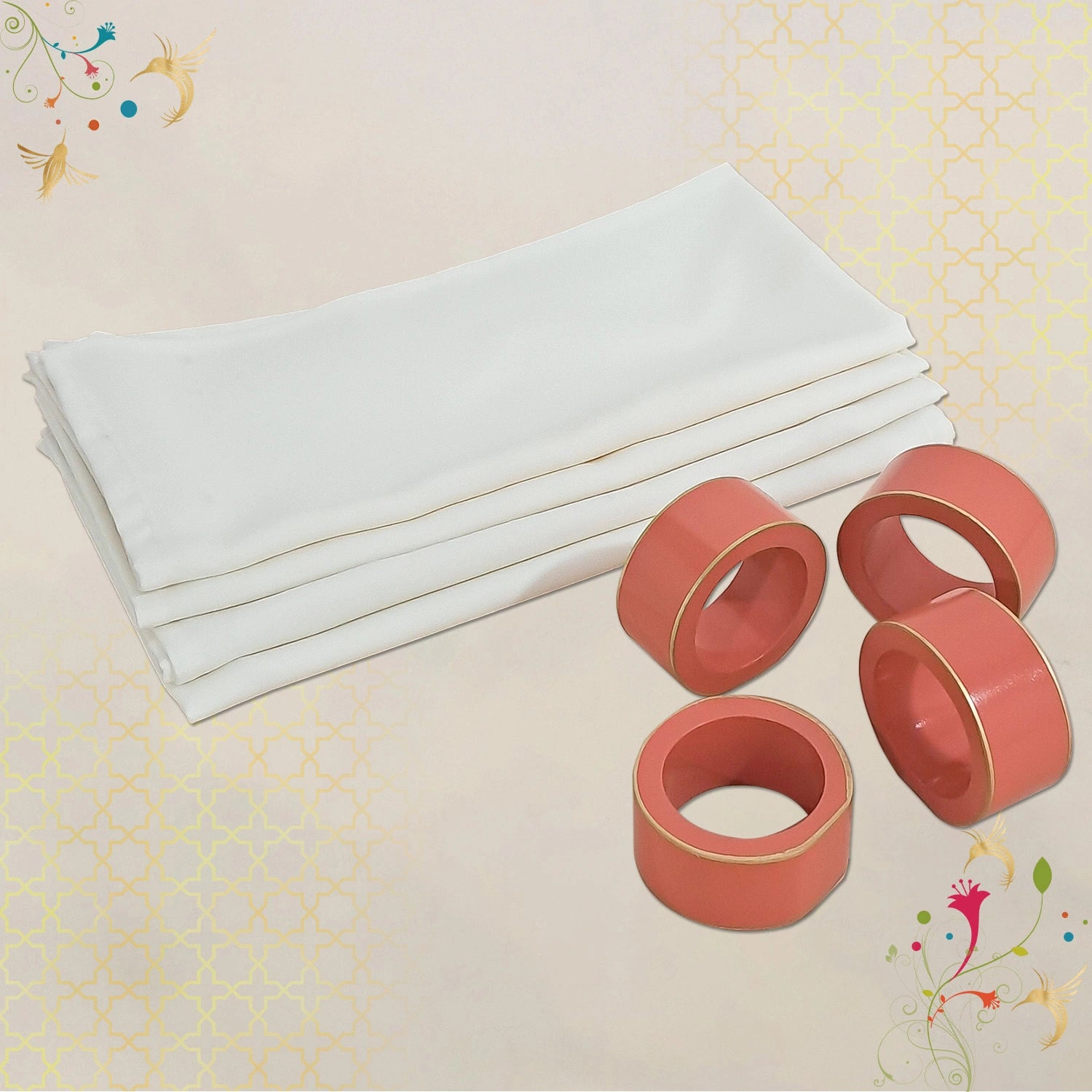 Salmon Handcrafted Solid Color Napkin Rings & Cloth Napkins Combo Set