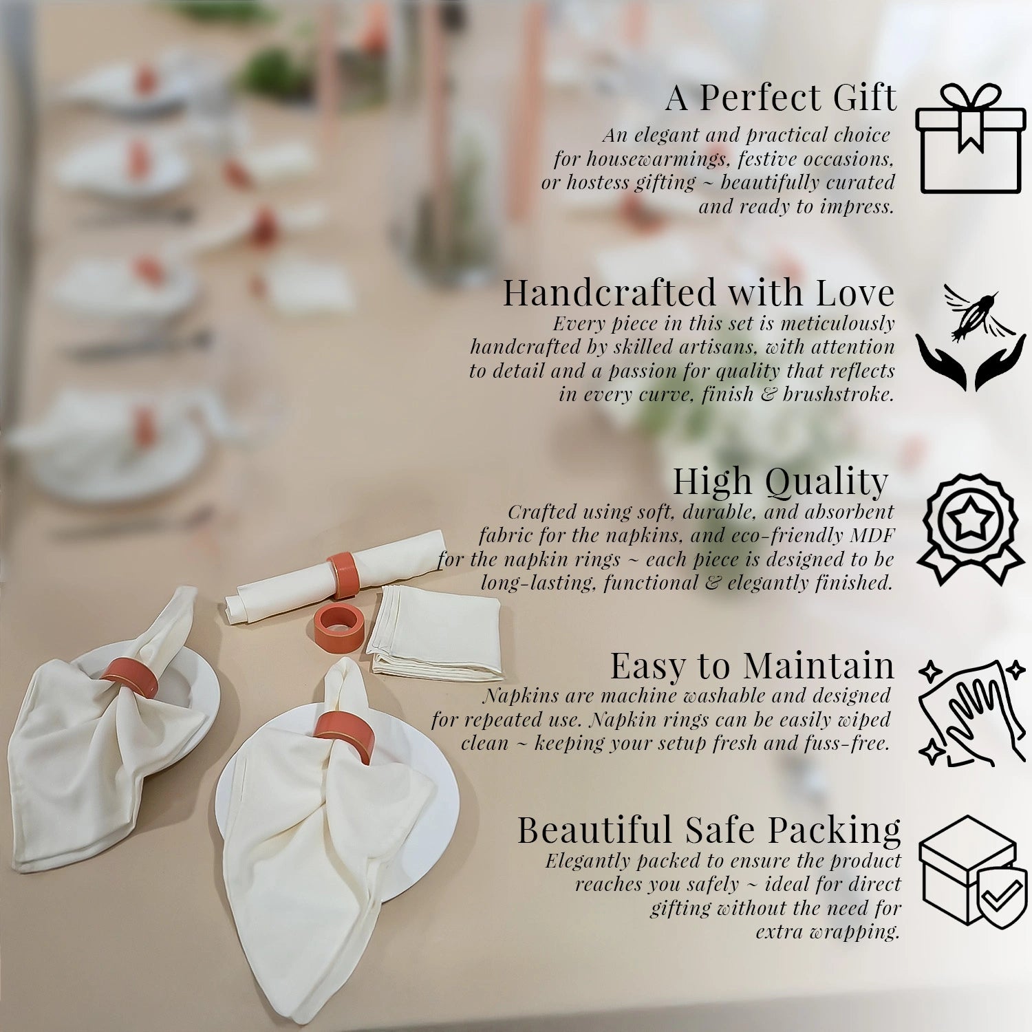 Salmon Handcrafted Solid Color Napkin Rings & Cloth Napkins Combo Set