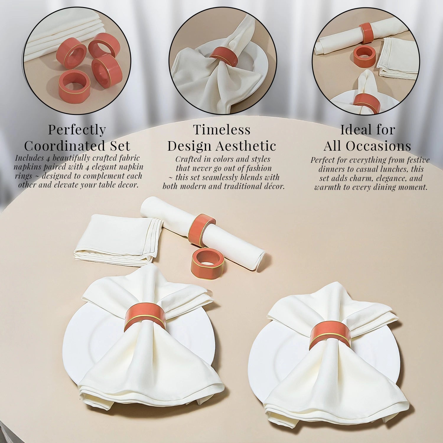 Salmon Handcrafted Solid Color Napkin Rings & Cloth Napkins Combo Set