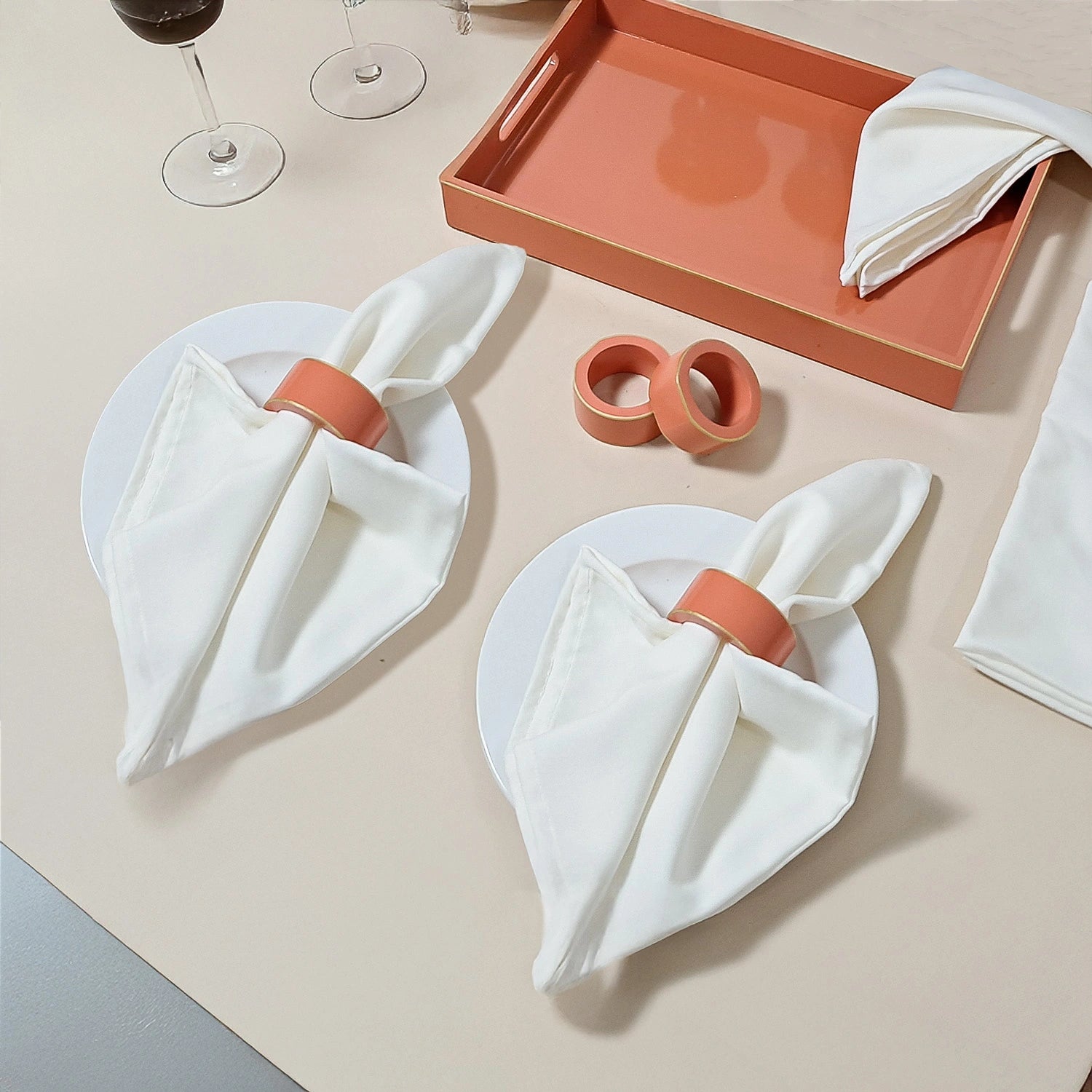 Salmon Handcrafted Solid Color Napkin Rings & Cloth Napkins Combo Set