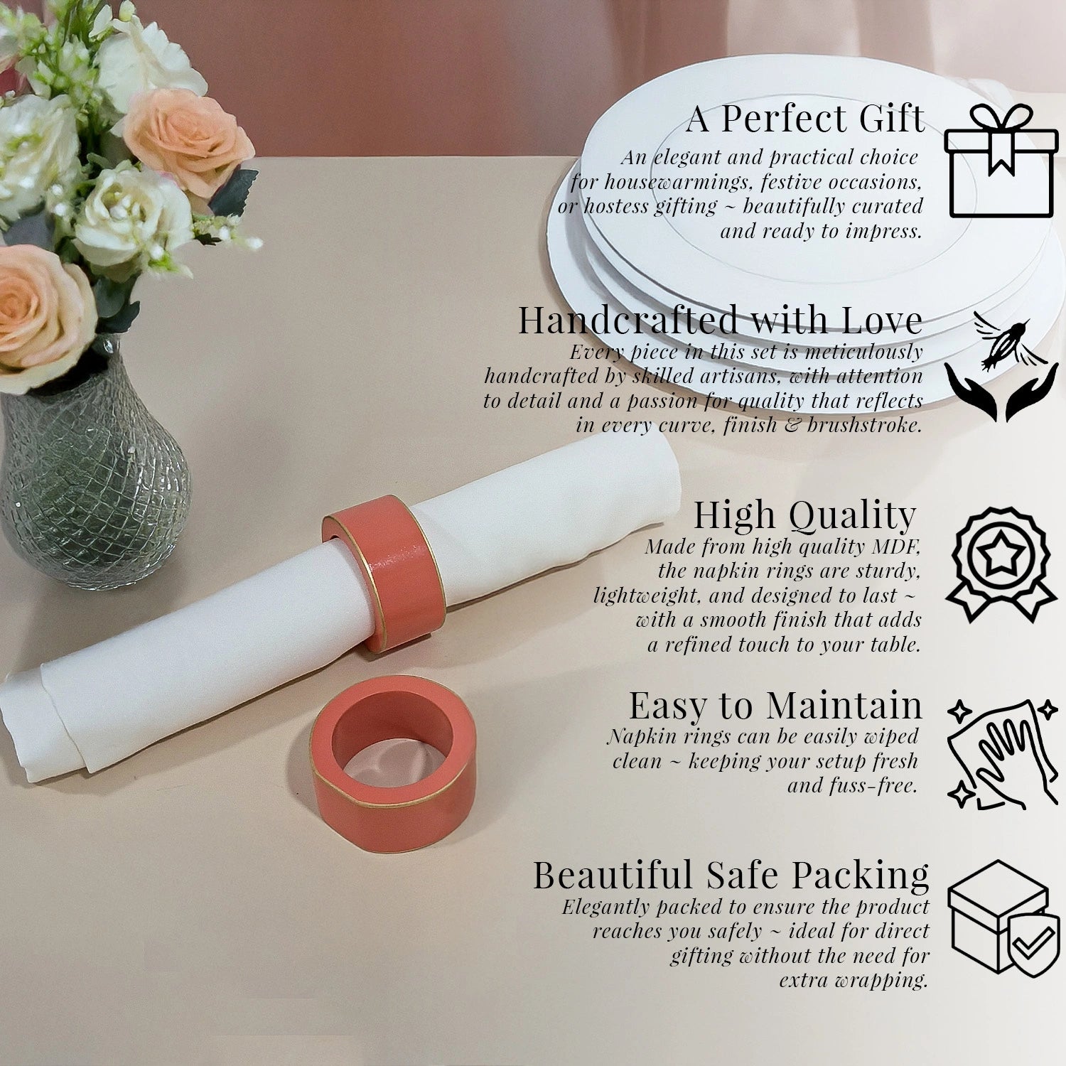 Salmon Handcrafted Solid Color Napkin Rings