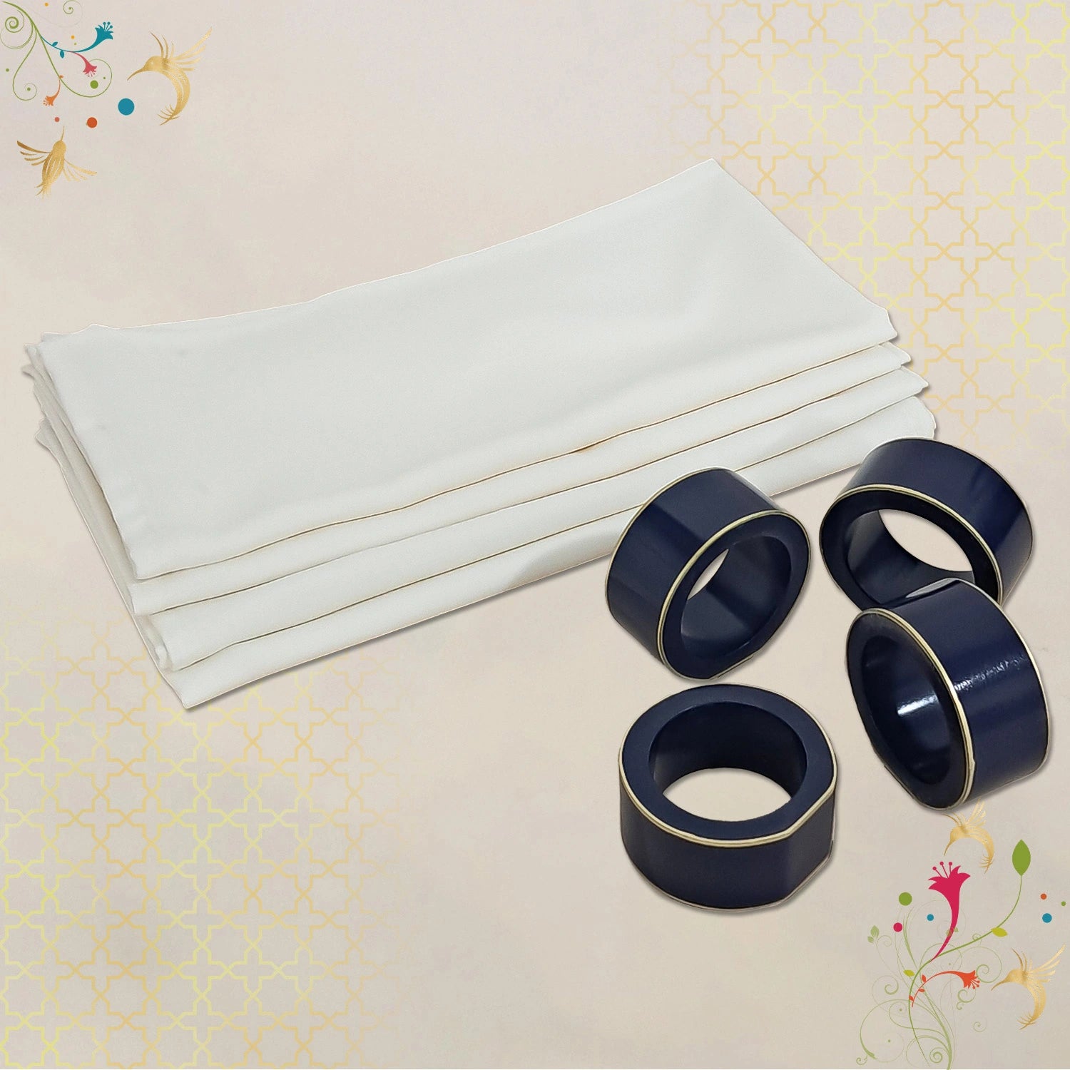Sapphire Blue Handcrafted Solid Color Napkin Rings & Cloth Napkins Combo Set