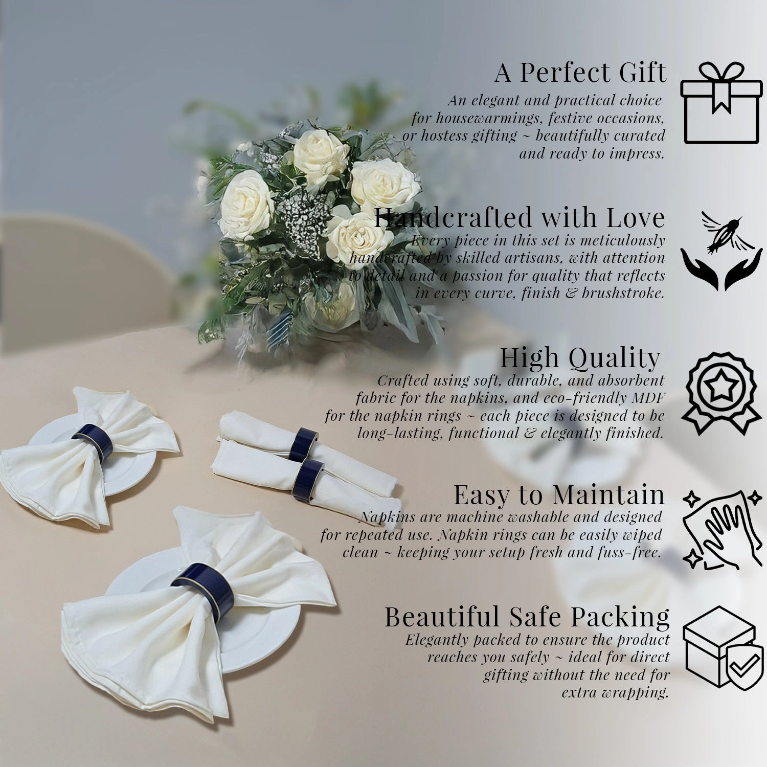 Sapphire Blue Handcrafted Solid Color Napkin Rings & Cloth Napkins Combo Set