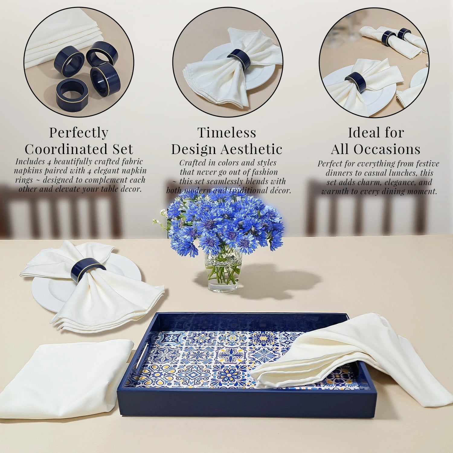 Sapphire Blue Handcrafted Solid Color Napkin Rings & Cloth Napkins Combo Set