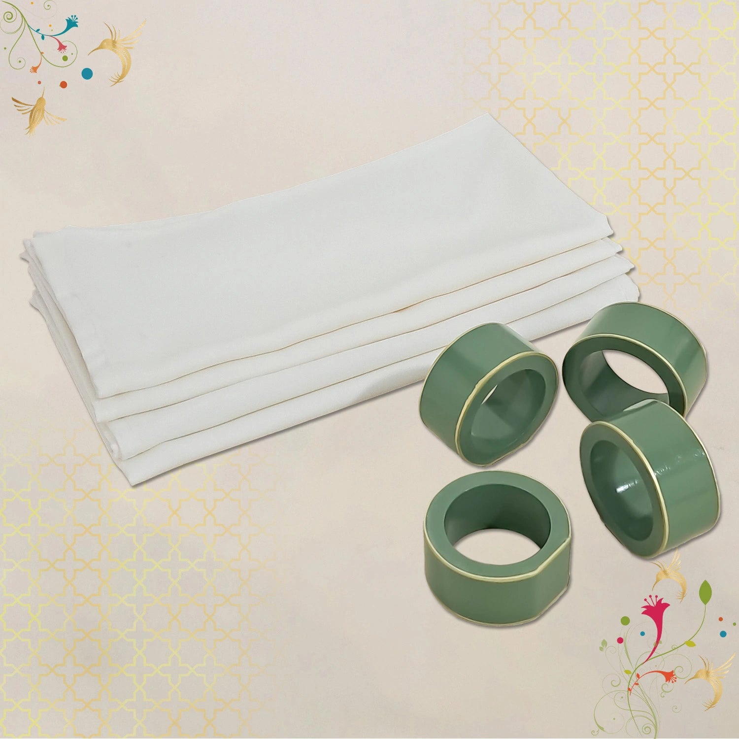 Sage Handcrafted Solid Color Napkin Rings & Cloth Napkins Combo Set