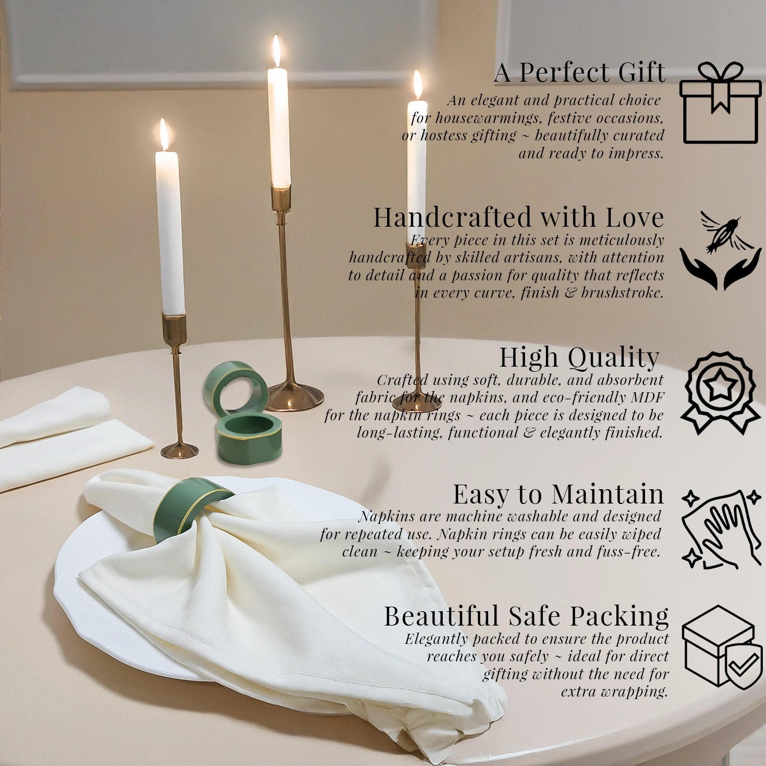 Sage Handcrafted Solid Color Napkin Rings & Cloth Napkins Combo Set