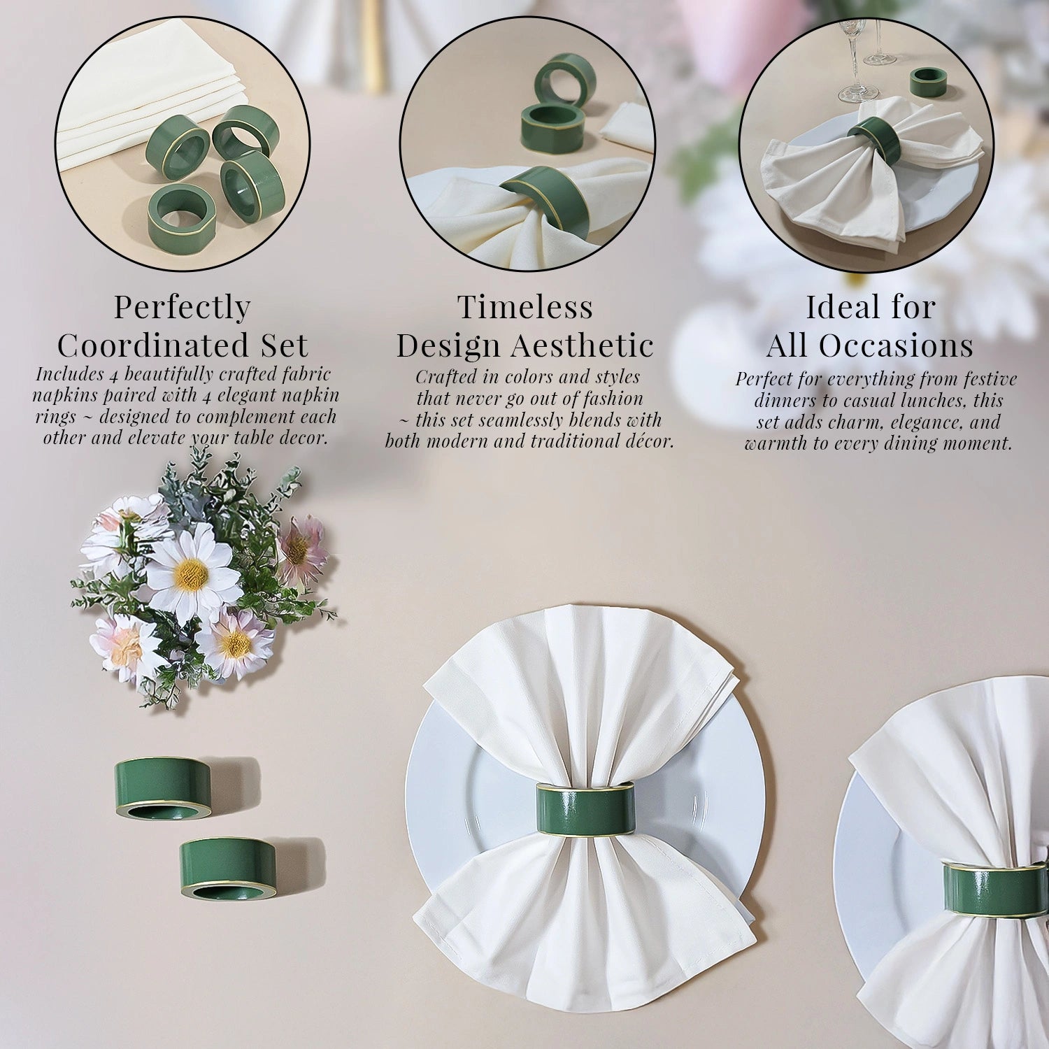 Sage Handcrafted Solid Color Napkin Rings & Cloth Napkins Combo Set