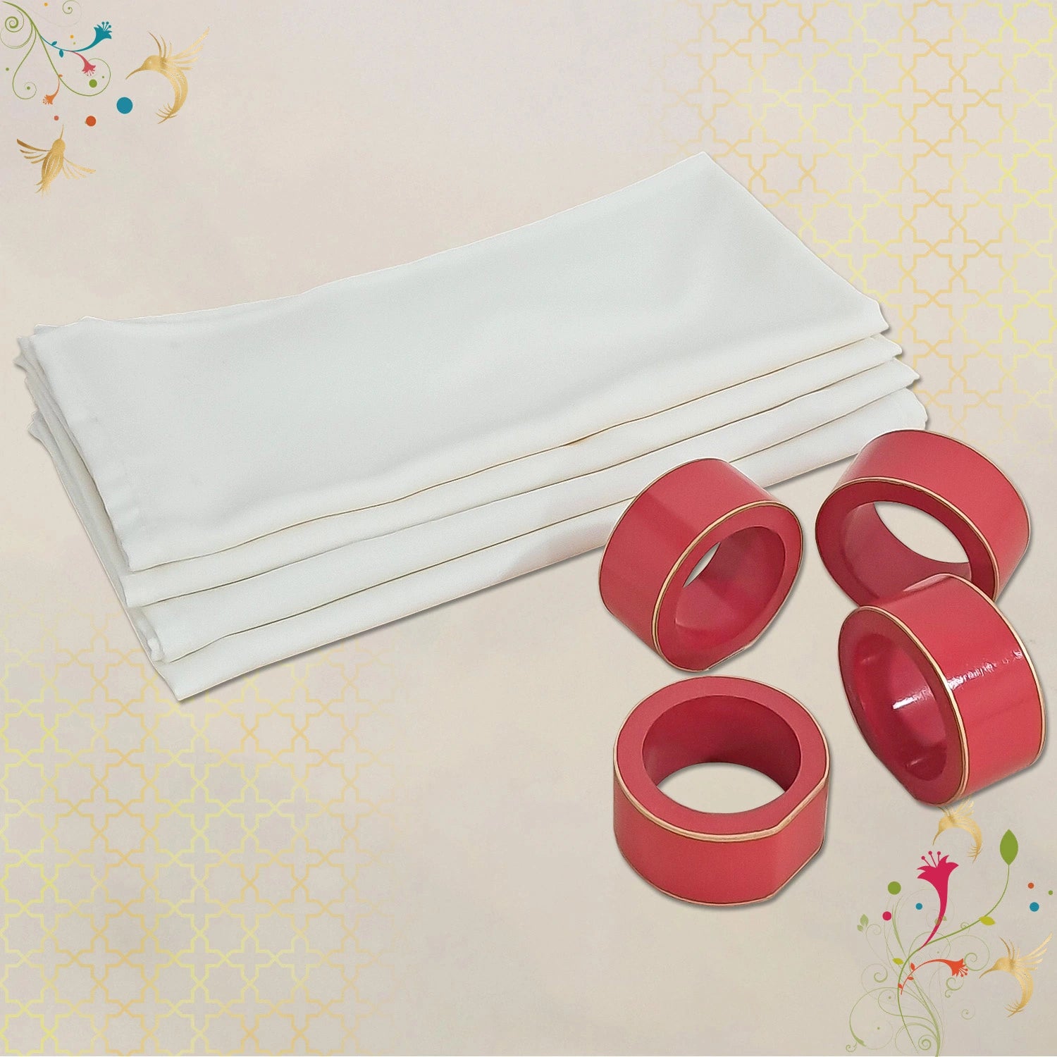 Strawberry Handcrafted Solid Color Napkin Rings & Cloth Napkins Combo Set