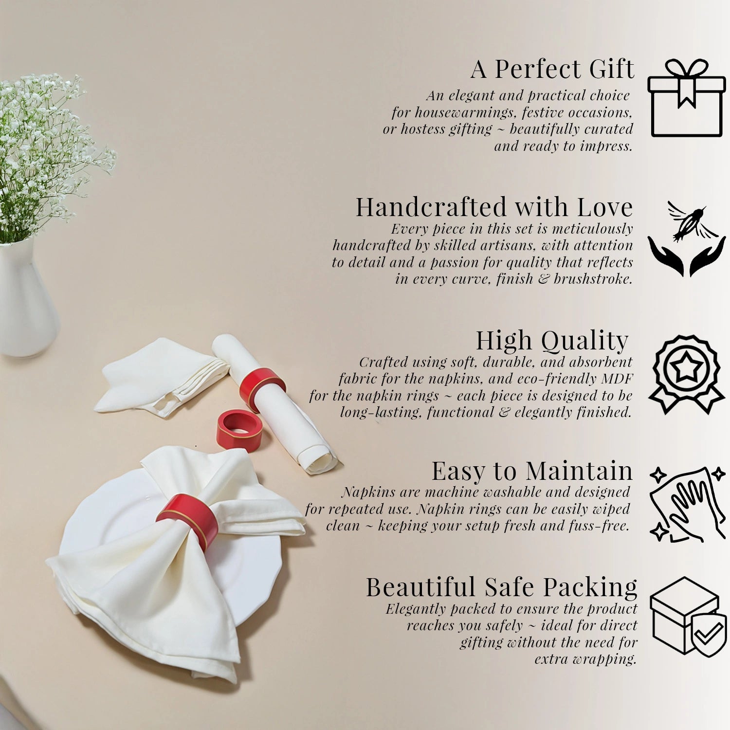 Strawberry Handcrafted Solid Color Napkin Rings & Cloth Napkins Combo Set