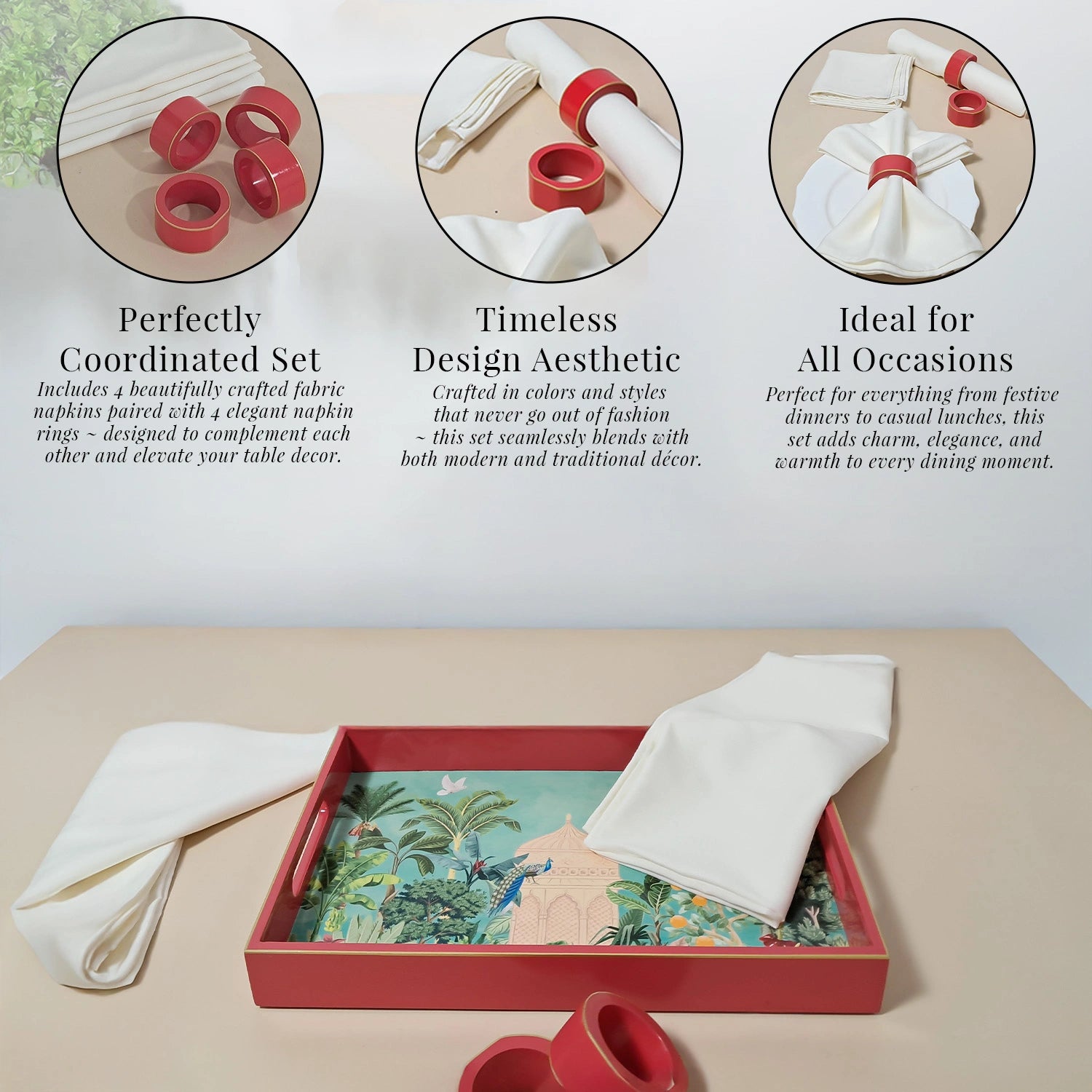 Strawberry Handcrafted Solid Color Napkin Rings & Cloth Napkins Combo Set