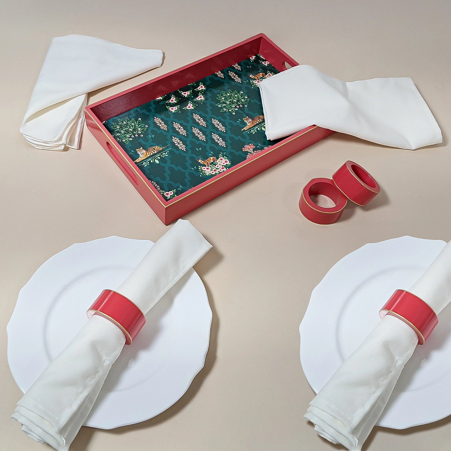 Strawberry Handcrafted Solid Color Napkin Rings & Cloth Napkins Combo Set