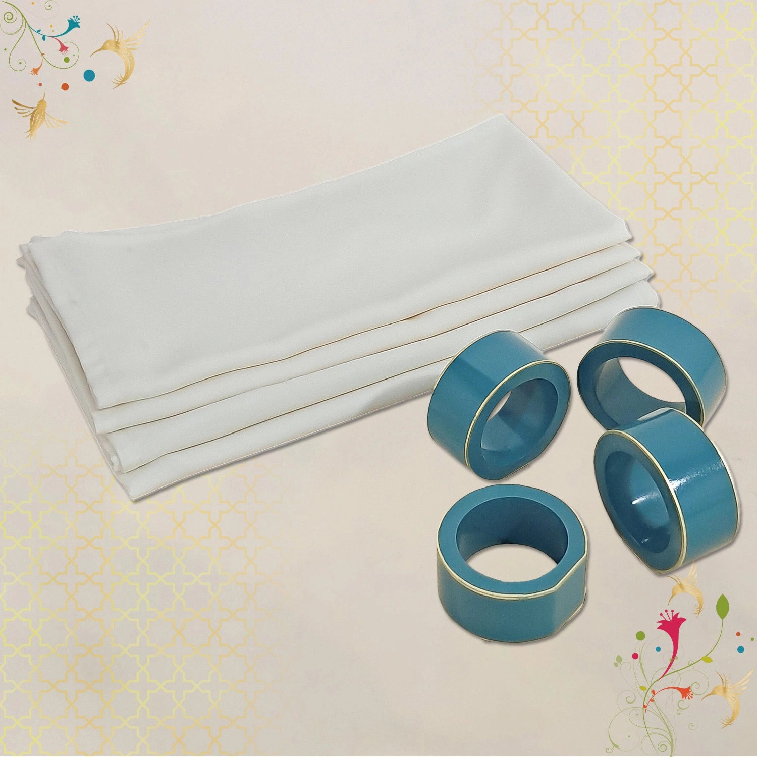 Turquoise Blue Handcrafted Solid Color Napkin Rings & Cloth Napkins Combo Set