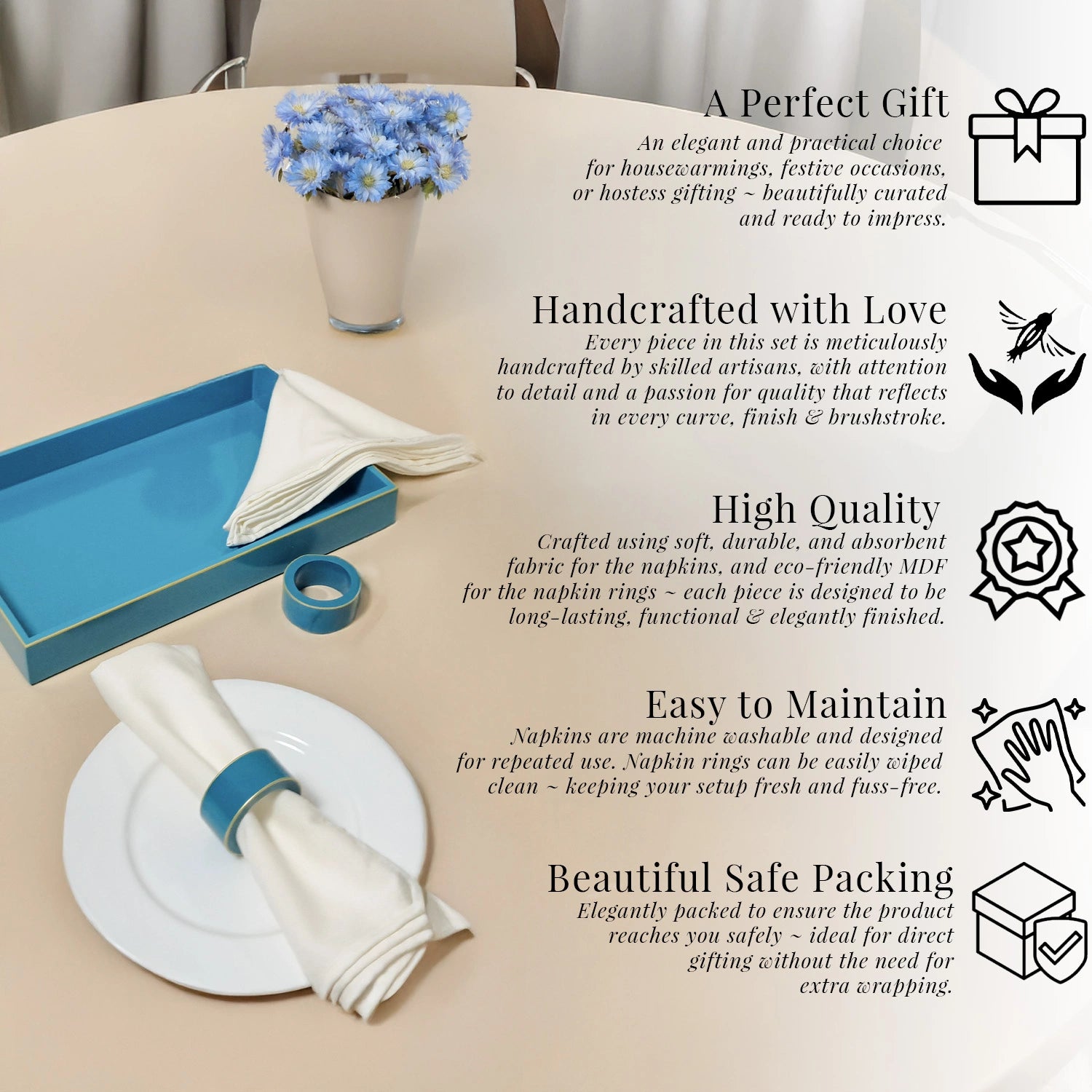 Turquoise Blue Handcrafted Solid Color Napkin Rings & Cloth Napkins Combo Set