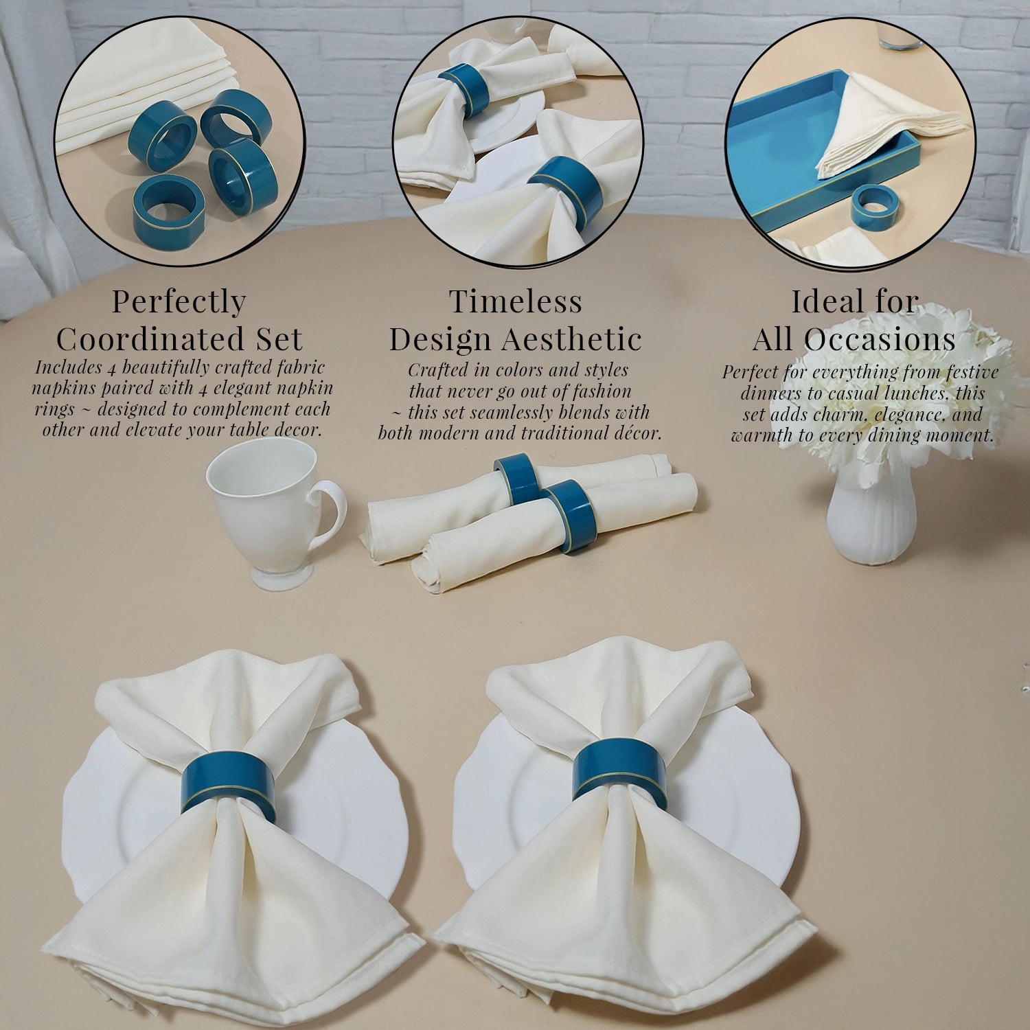 Turquoise Blue Handcrafted Solid Color Napkin Rings & Cloth Napkins Combo Set