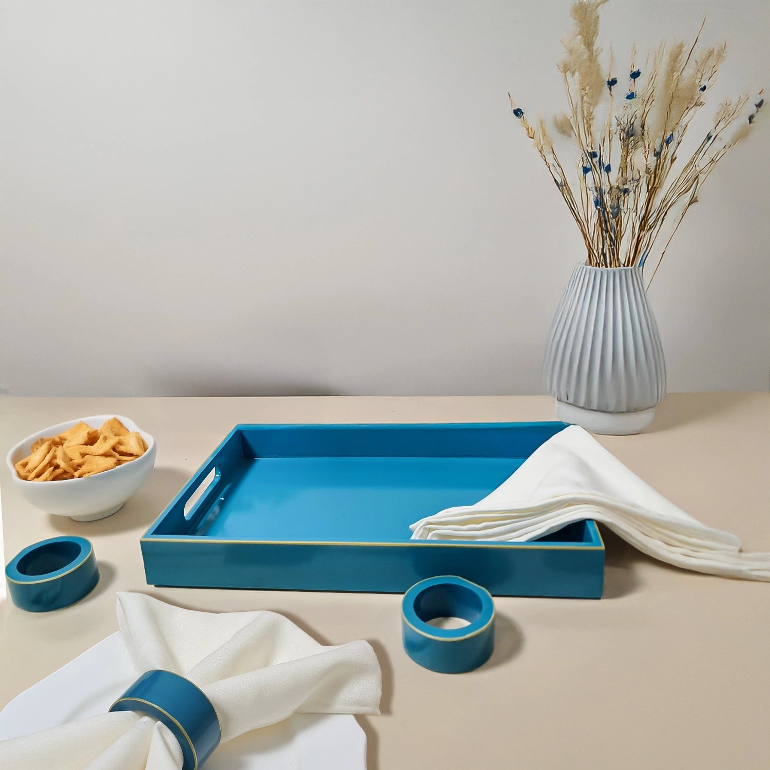 Turquoise Blue Handcrafted Solid Color Napkin Rings & Cloth Napkins Combo Set