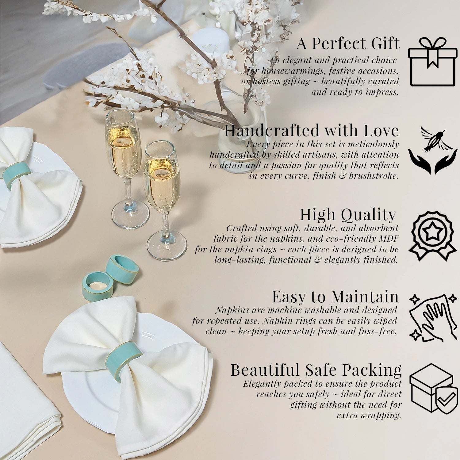 Tiffany Handcrafted Solid Color Napkin Rings & Cloth Napkins Combo Set