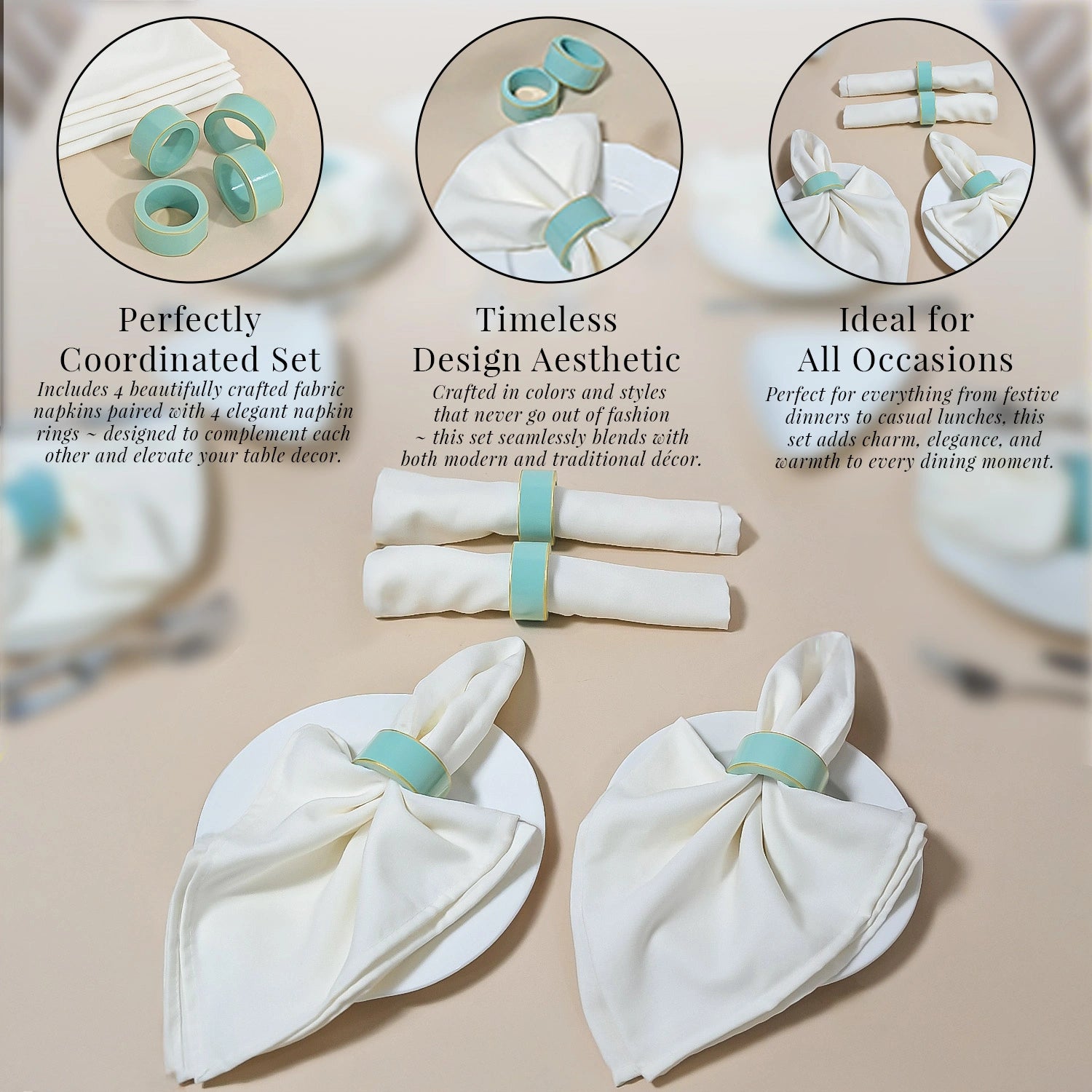 Tiffany Handcrafted Solid Color Napkin Rings & Cloth Napkins Combo Set