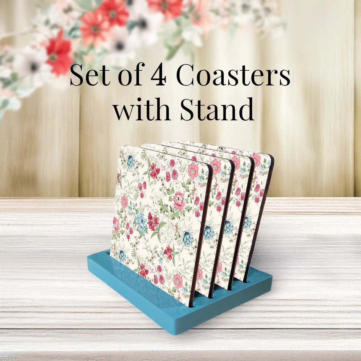 Pink & Blue Bouquet Coasters | Set of 4 with Stand