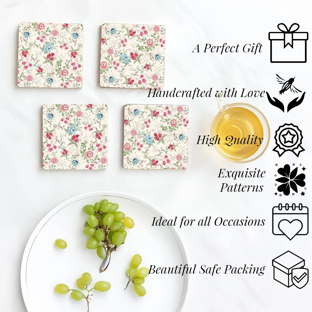 Pink & Blue Bouquet Coasters | Set of 4 with Stand