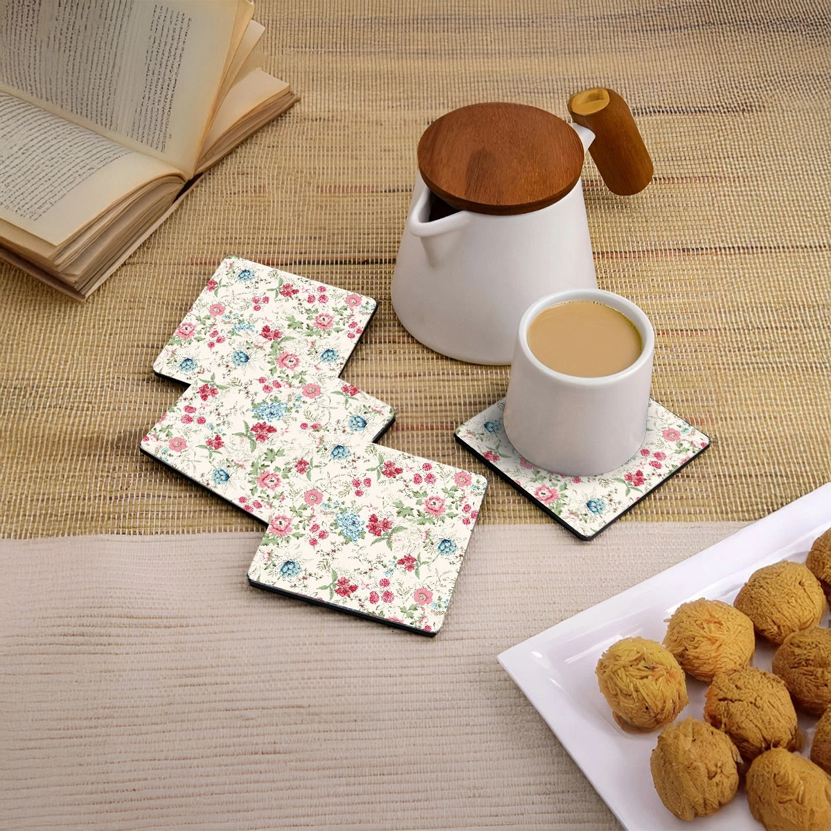 Pink & Blue Bouquet Coasters | Set of 4 with Stand