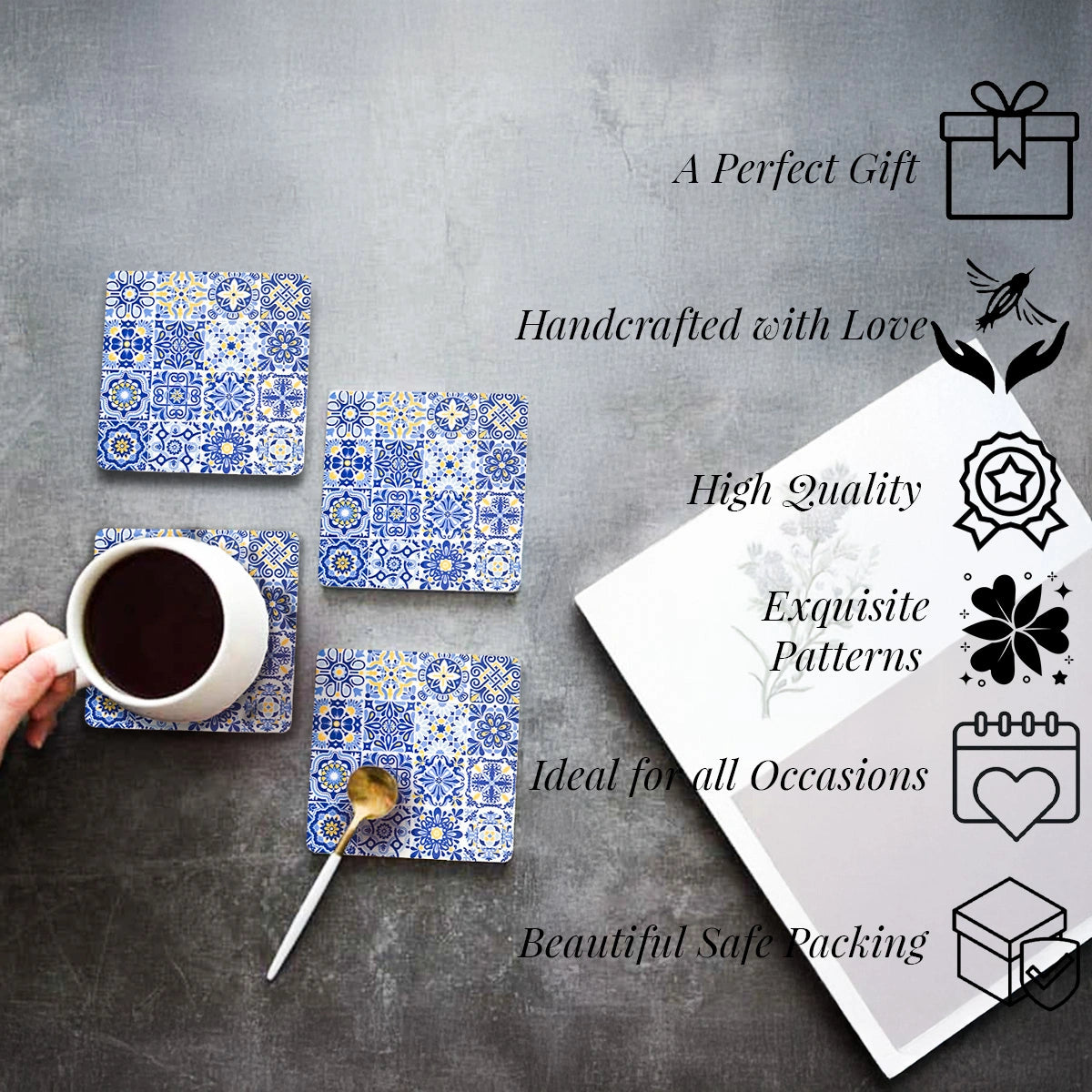 Portuguese Blue Tiles Coasters | Set of 4 with Stand