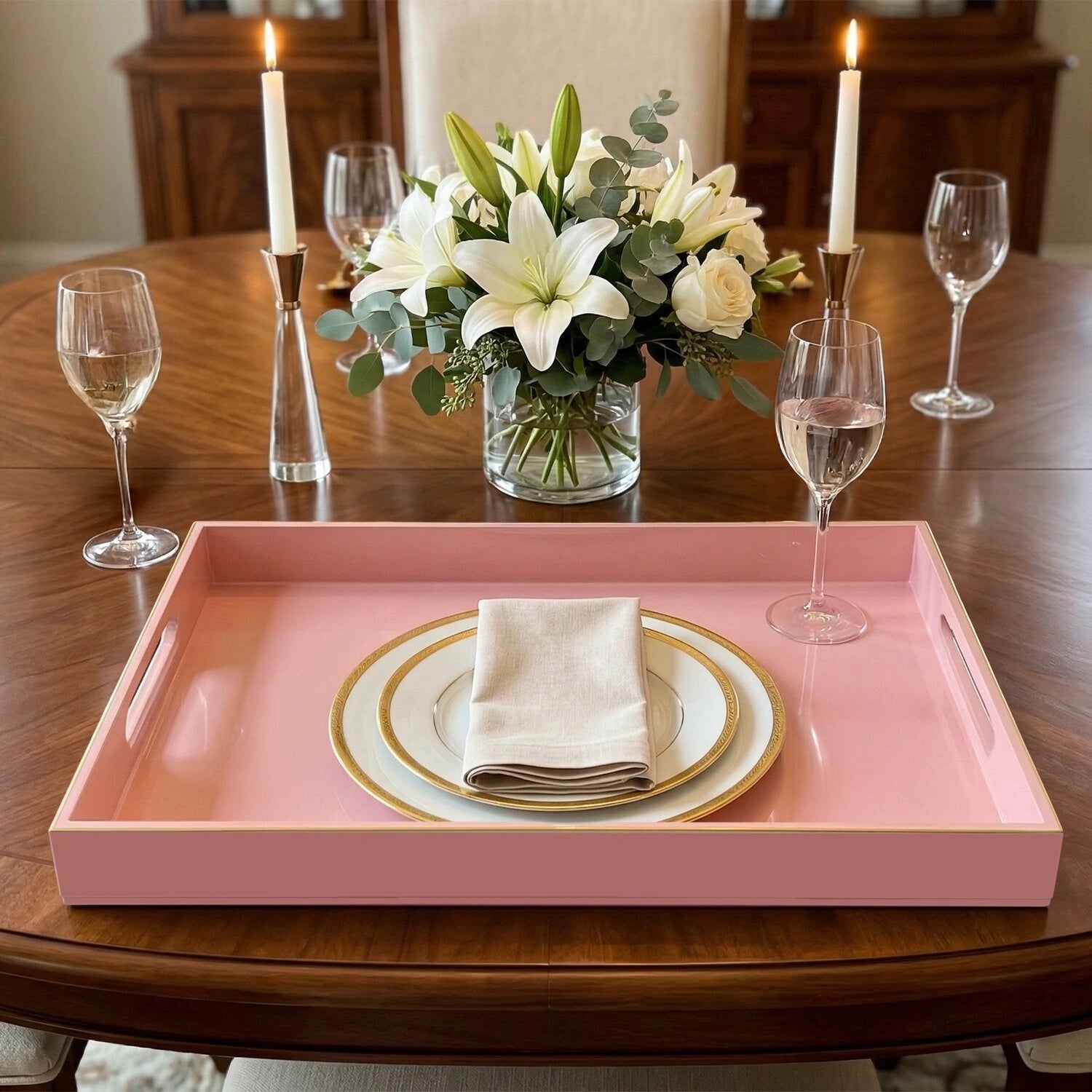 Classic Handcrafted Solid Baby Pink Wooden Serving Trays