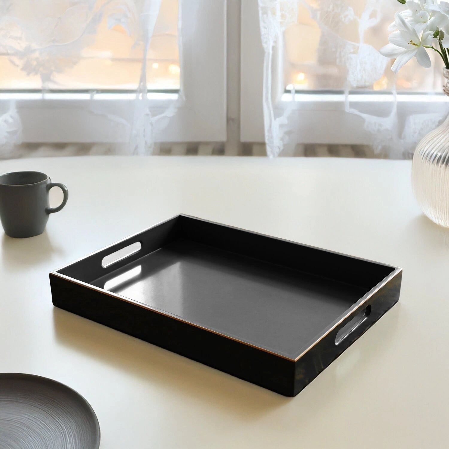 Classic Handcrafted Solid Charcoal Black Wooden Serving Trays