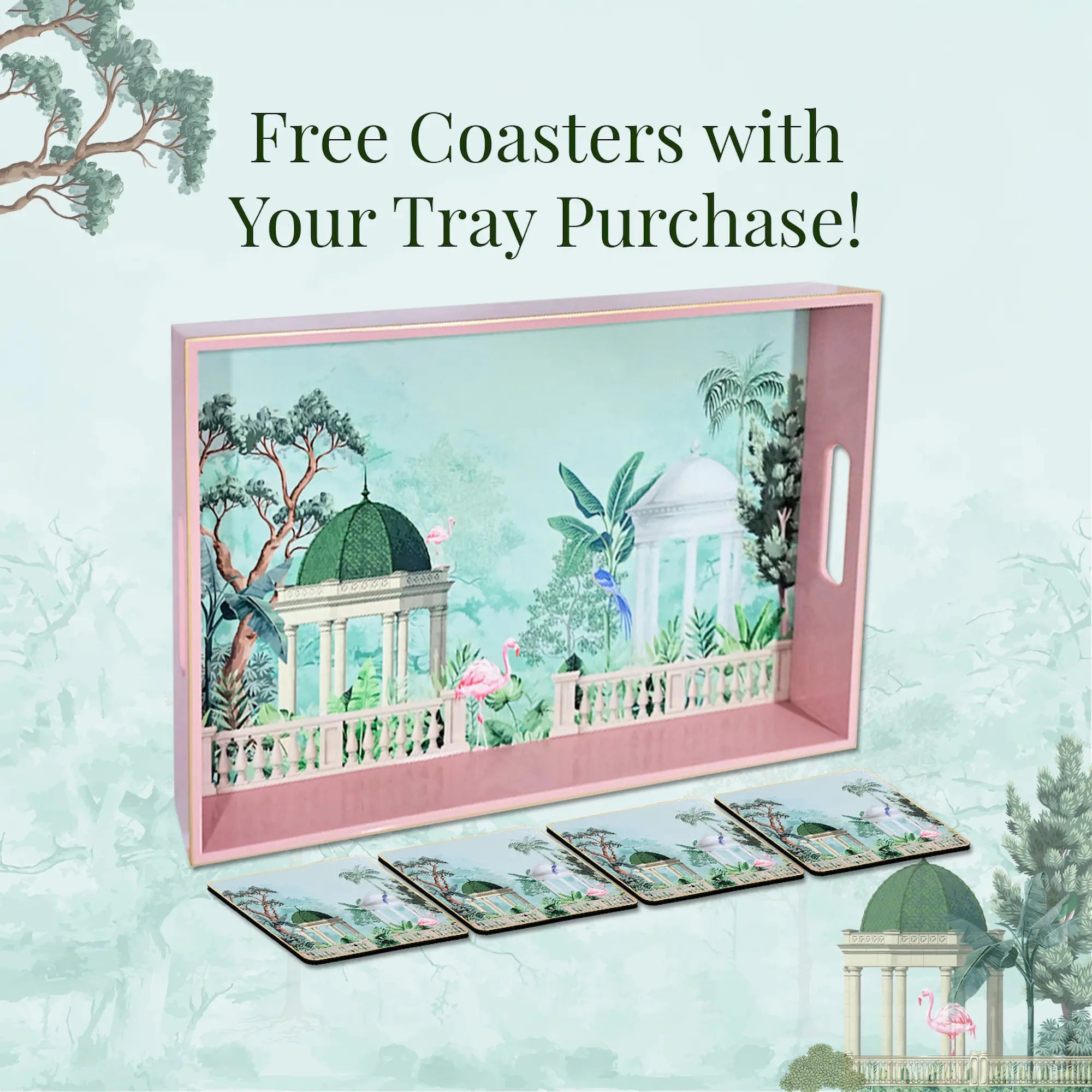 Your Signature Style ~ 15" x 10" Handcrafted Flamingo Whispers Serving Trays with 4 Coasters