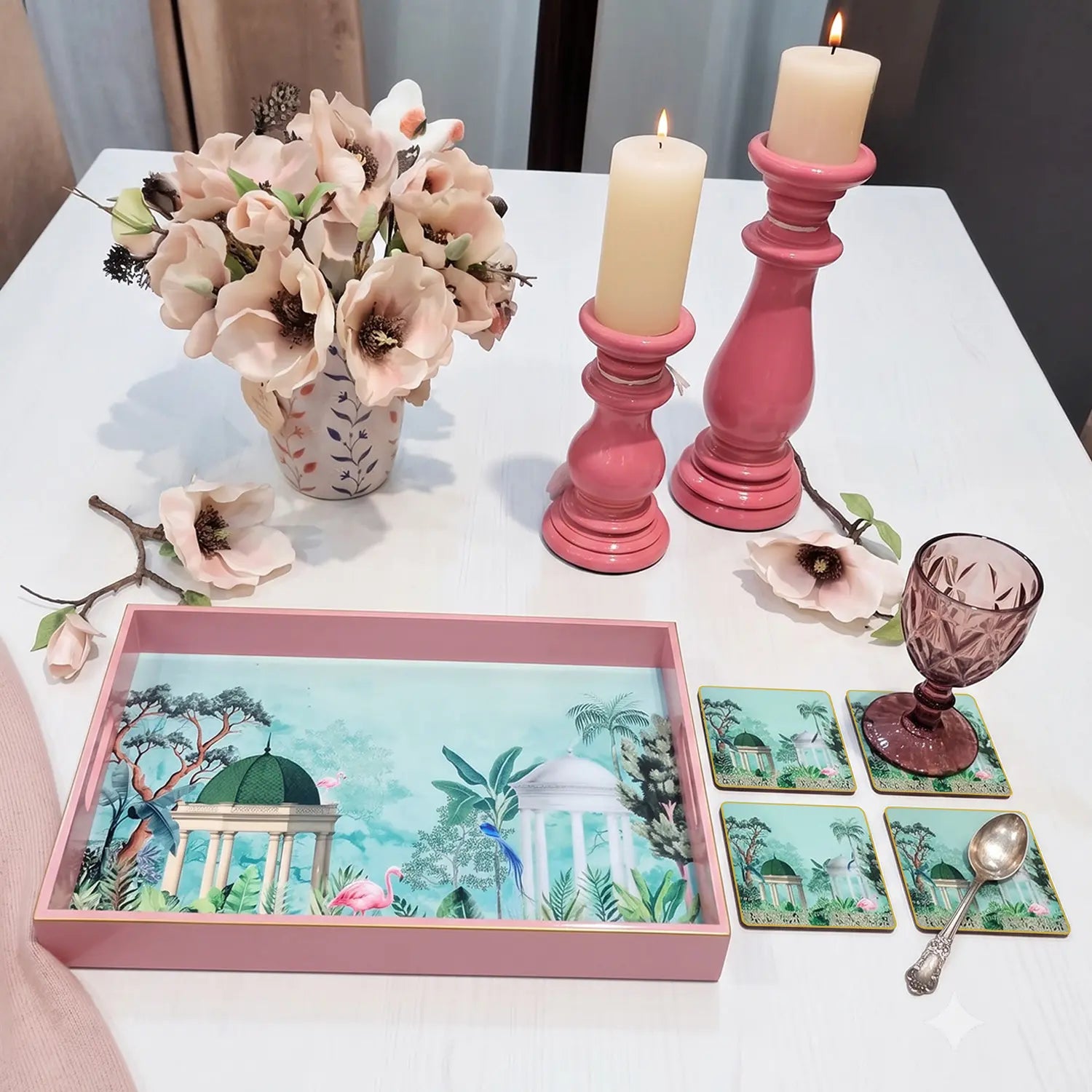 Your Signature Style ~ 15" x 10" Handcrafted Flamingo Whispers Serving Trays with 4 Coasters