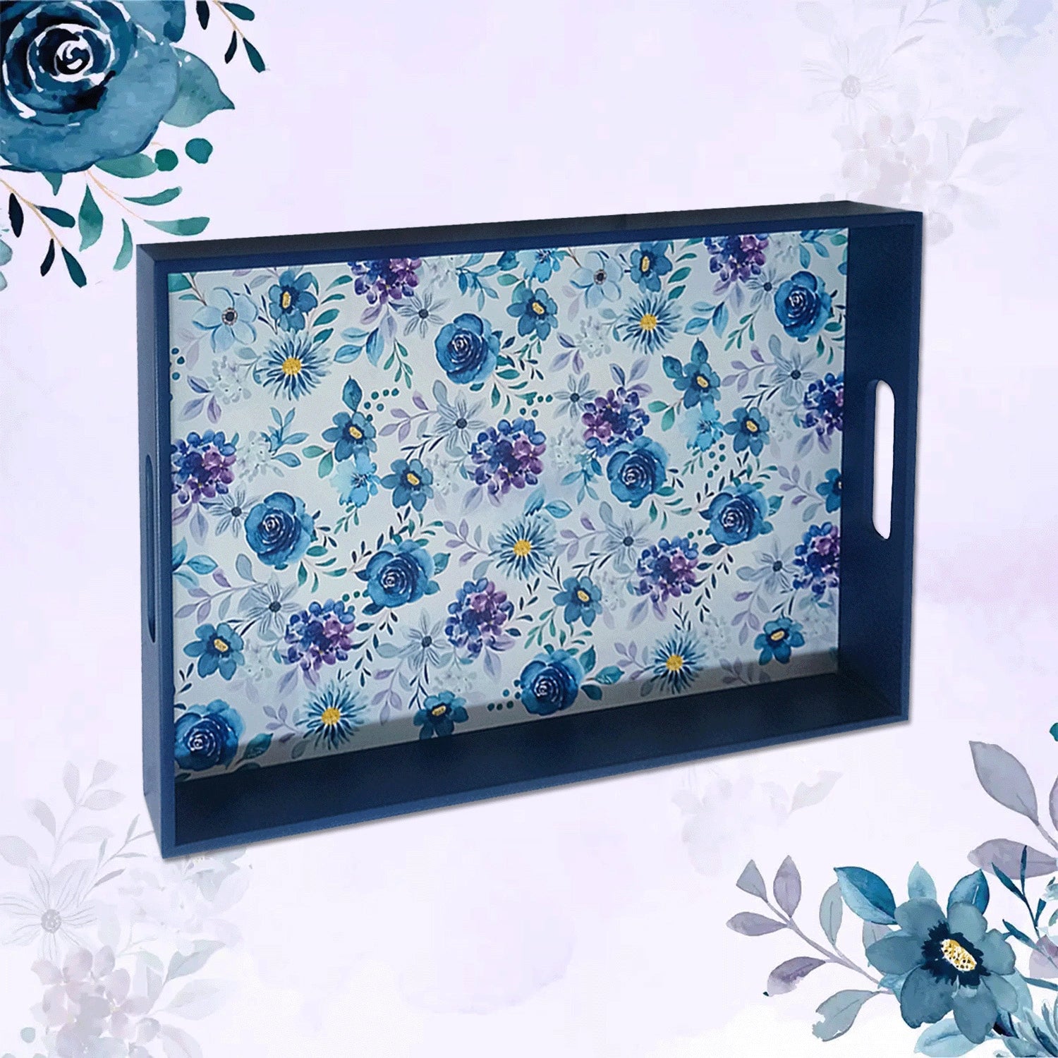 Your Signature Style ~ Handcrafted Indigo Roses Serving Trays 15x10 Inch