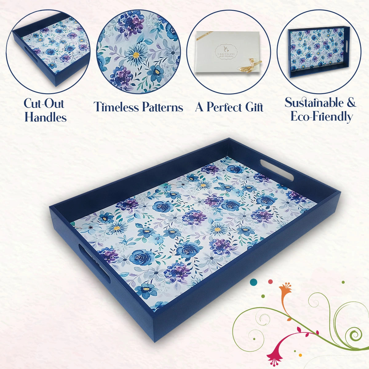 Your Signature Style ~ Handcrafted Indigo Roses Serving Trays 15x10 Inch