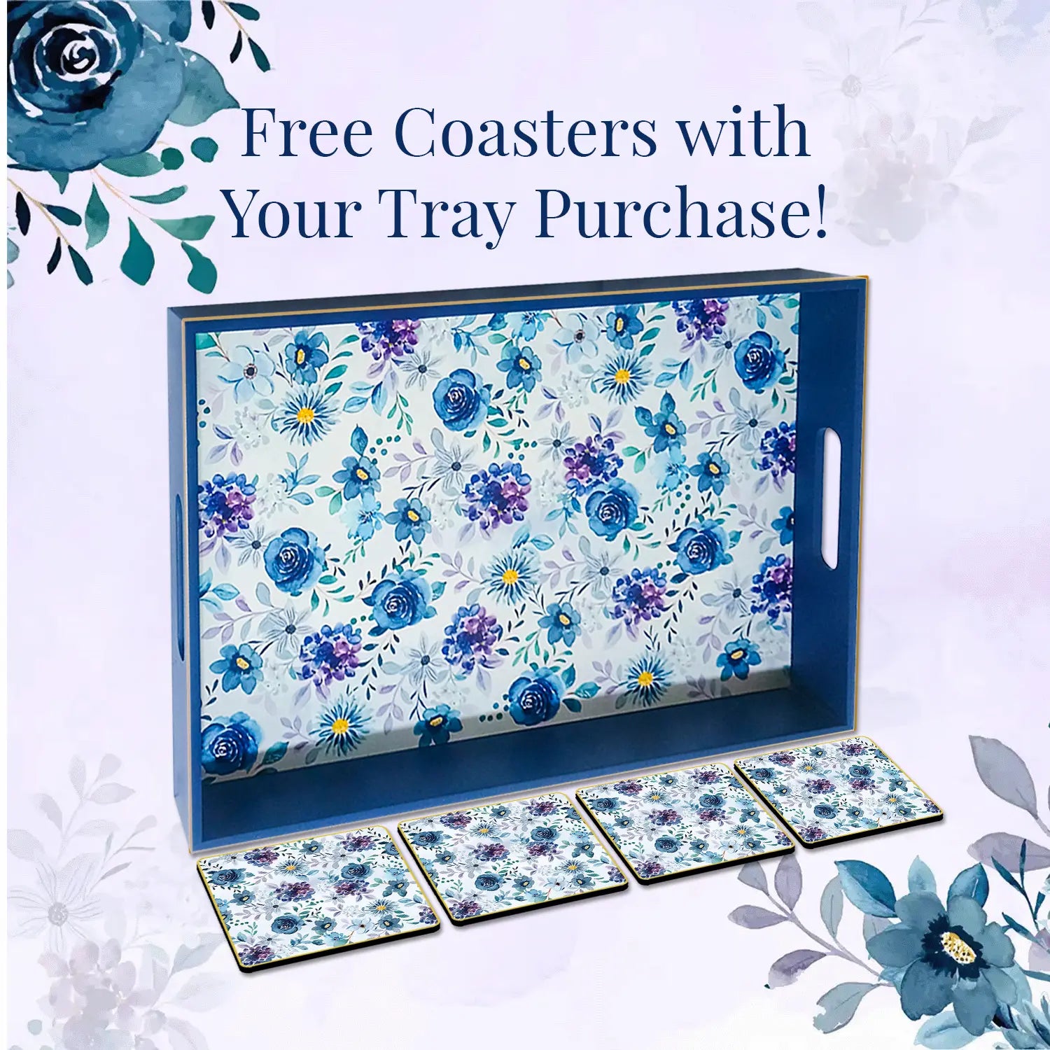 Your Signature Style ~ 15" x 10" Handcrafted Indigo Roses Serving Trays with 4 Coasters