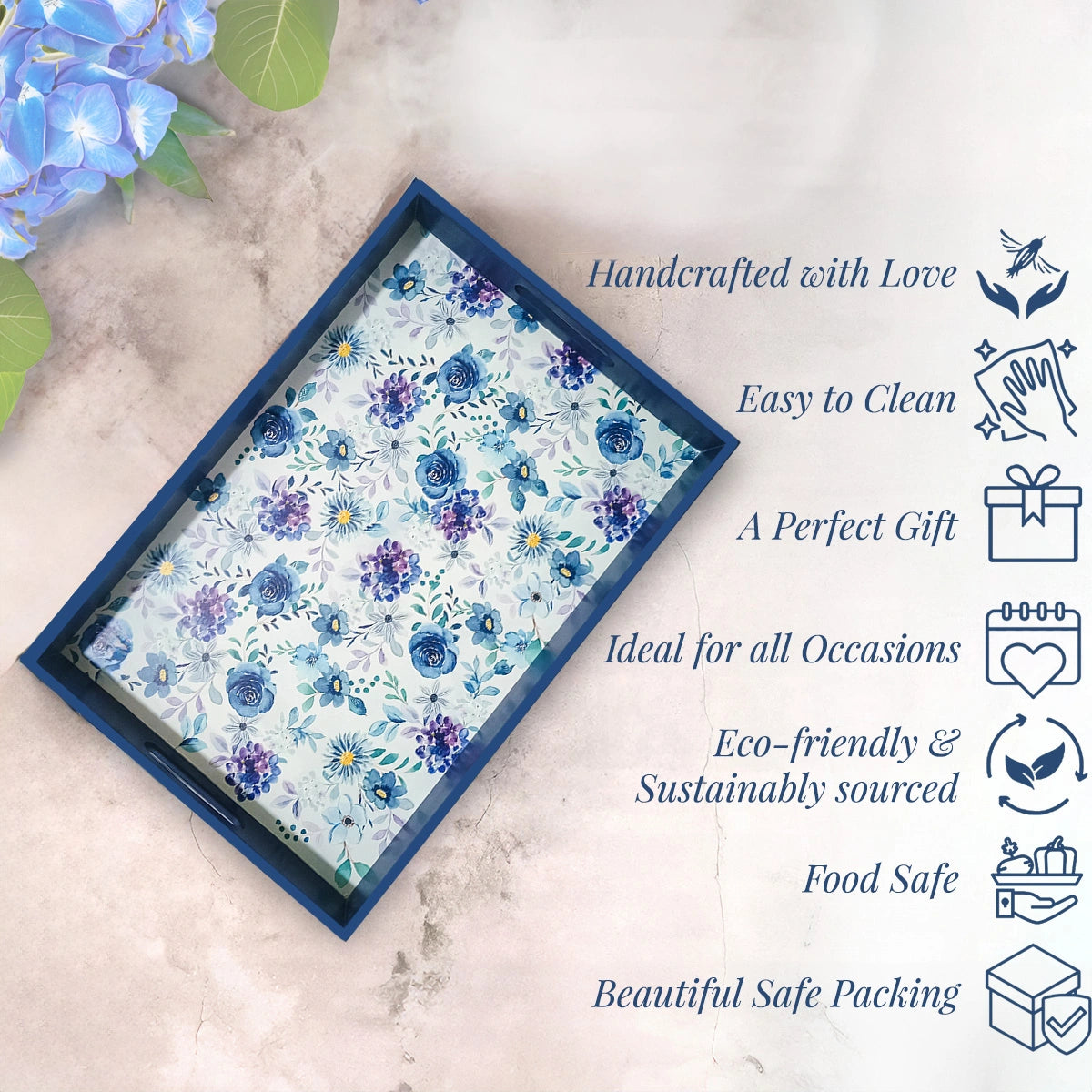 Your Signature Style ~ Handcrafted Indigo Roses Serving Trays 15x10 Inch