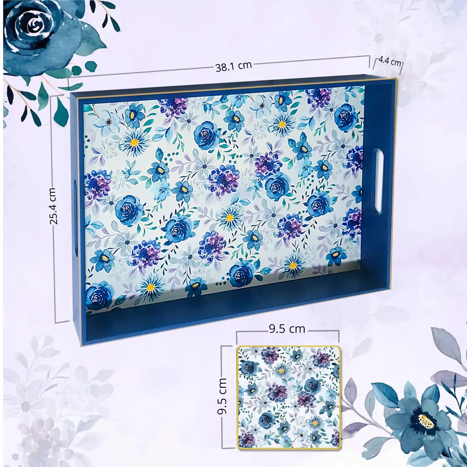 Your Signature Style ~ 15" x 10" Handcrafted Indigo Roses Serving Trays with 4 Coasters
