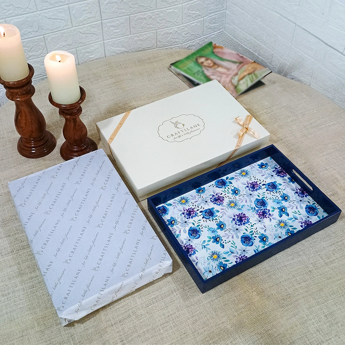 Your Signature Style ~ Handcrafted Indigo Roses Serving Trays 15x10 Inch