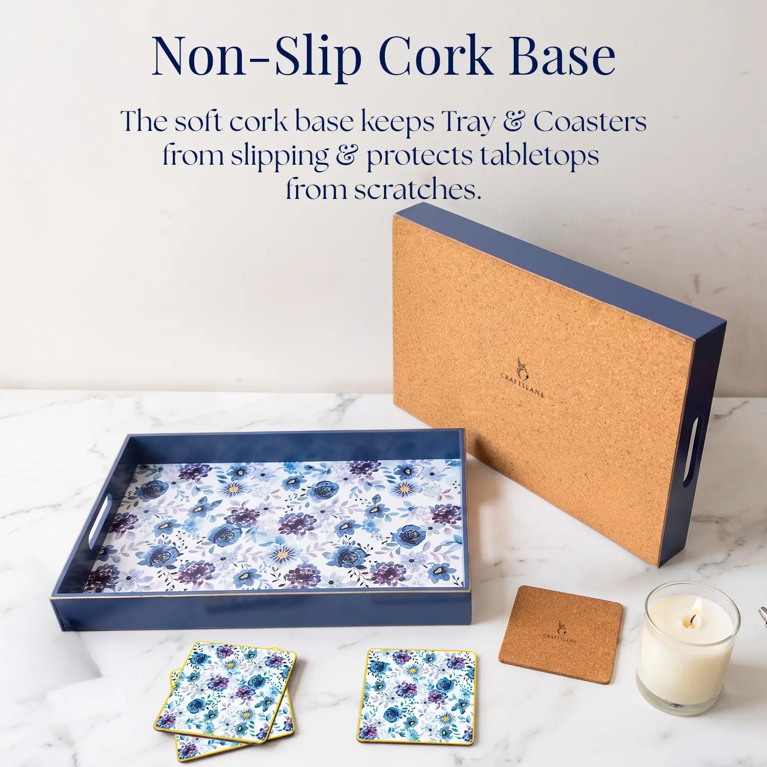 Your Signature Style ~ 15" x 10" Handcrafted Indigo Roses Serving Trays with 4 Coasters