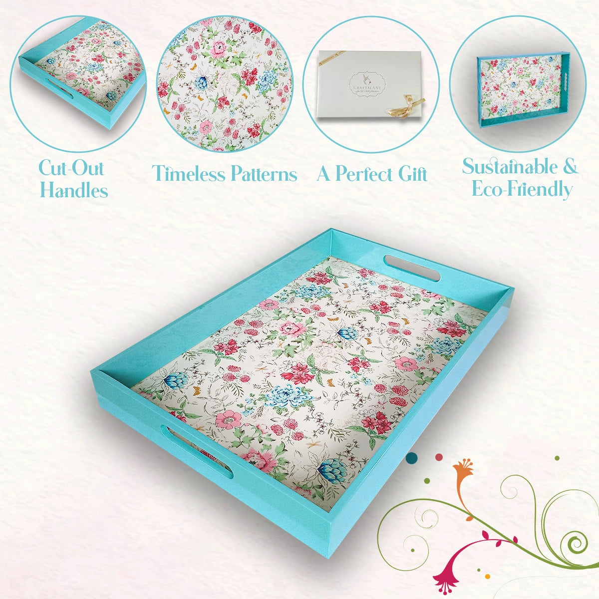Your Signature Style ~ Handcrafted Pink & Blue Bouquet Serving Trays 15x10 Inch
