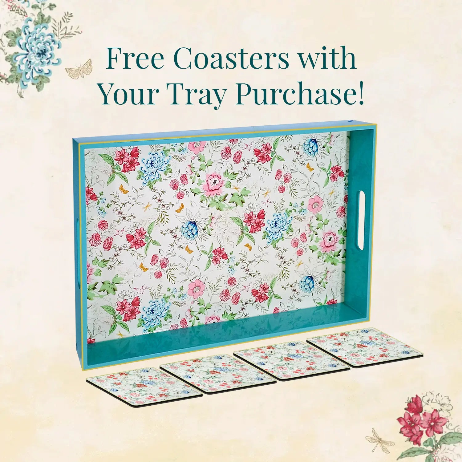 Your Signature Style ~ Handcrafted Pink & Blue Bouquet Serving Trays with 4 Coasters