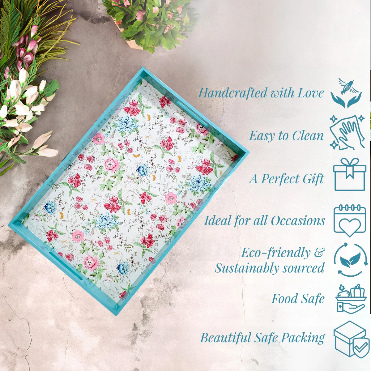 Your Signature Style ~ Handcrafted Pink & Blue Bouquet Serving Trays 15x10 Inch