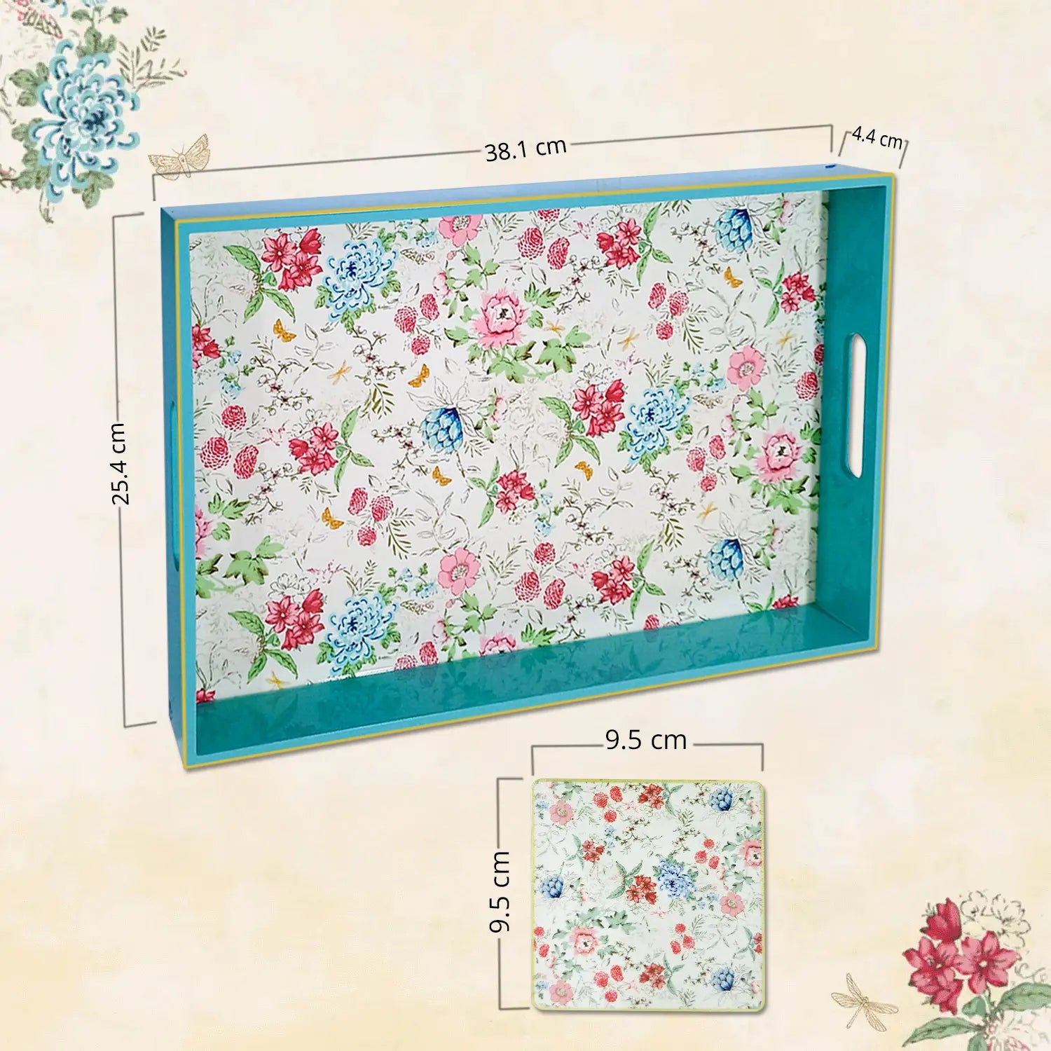 Your Signature Style ~ Handcrafted Pink & Blue Bouquet Serving Trays with 4 Coasters