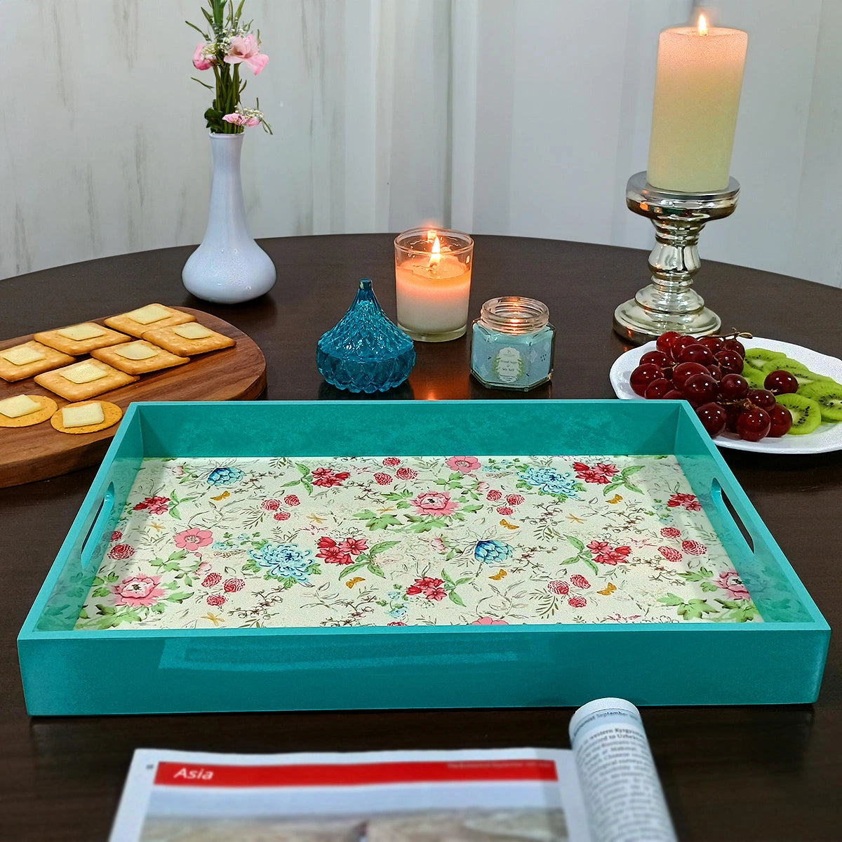 Your Signature Style ~ Handcrafted Pink & Blue Bouquet Serving Trays 15x10 Inch