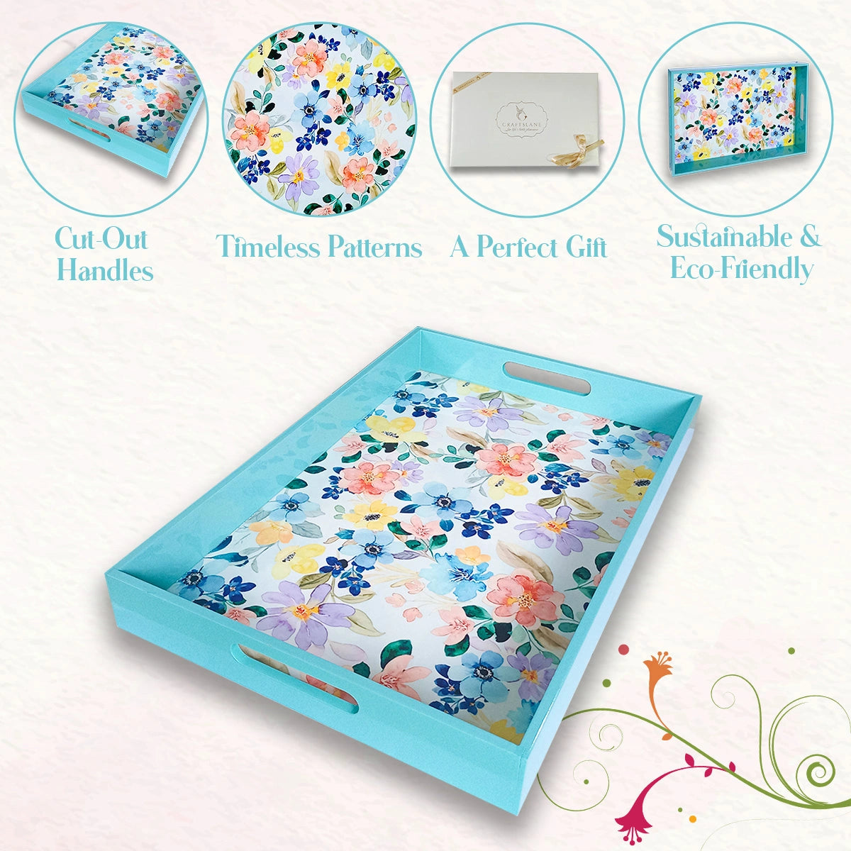 Your Signature Style ~ Handcrafted Summer Flowers Serving Trays 15x10 Inch