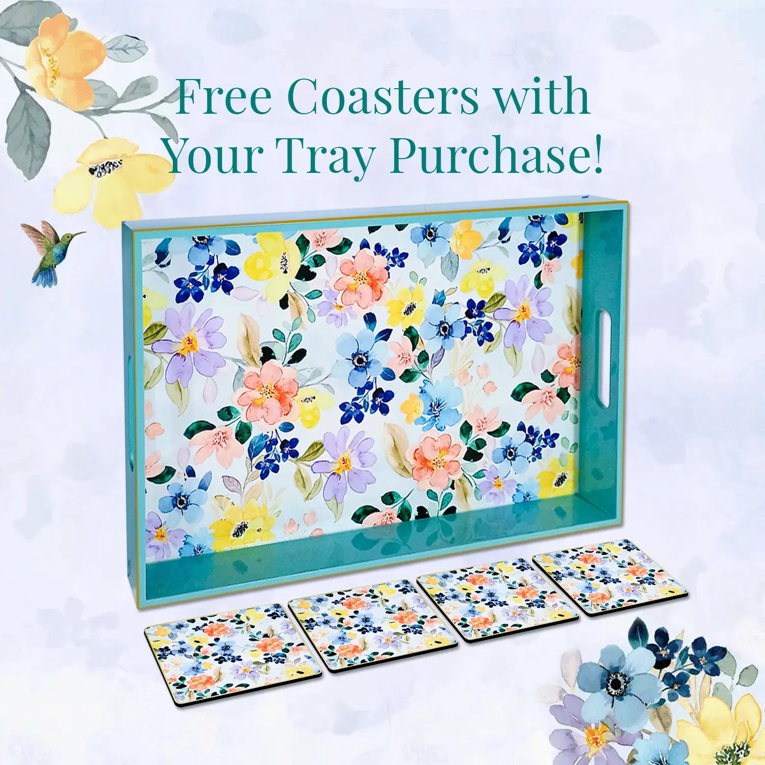Your Signature Style ~ 15" x 10" Handcrafted Summer Flowers Serving Trays with 4 Coasters