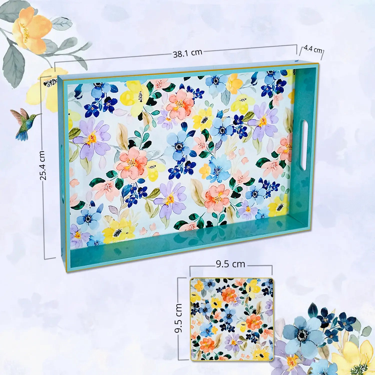 Your Signature Style ~ 15" x 10" Handcrafted Summer Flowers Serving Trays with 4 Coasters