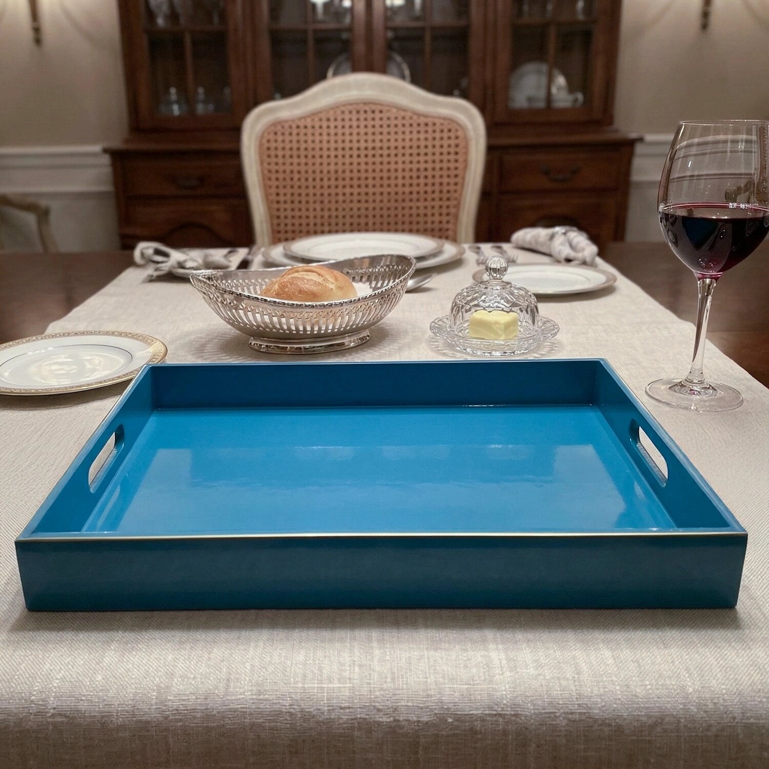 Classic Handcrafted Solid Turquoise Wooden Serving Trays