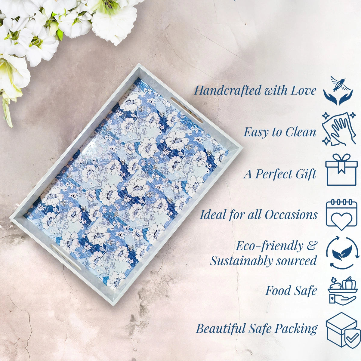 Your Signature Style ~ Handcrafted White Petal Splendor Serving Trays 15x10 Inch