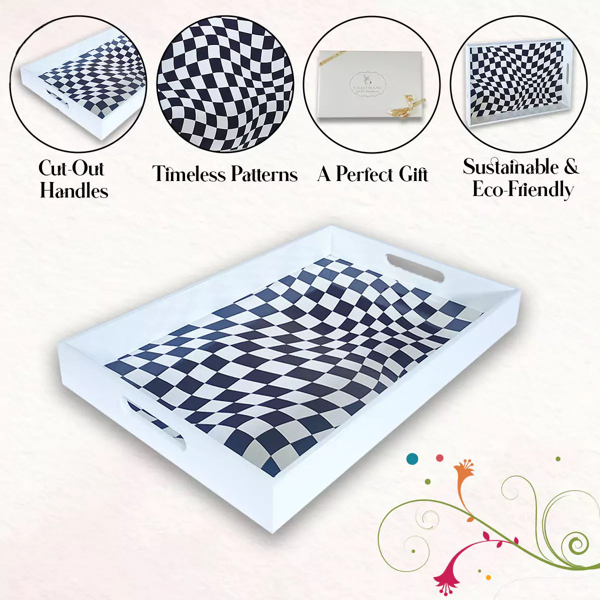 Twisted Checkers Handcrafted Signature Wooden Serving Tray 15x10inch