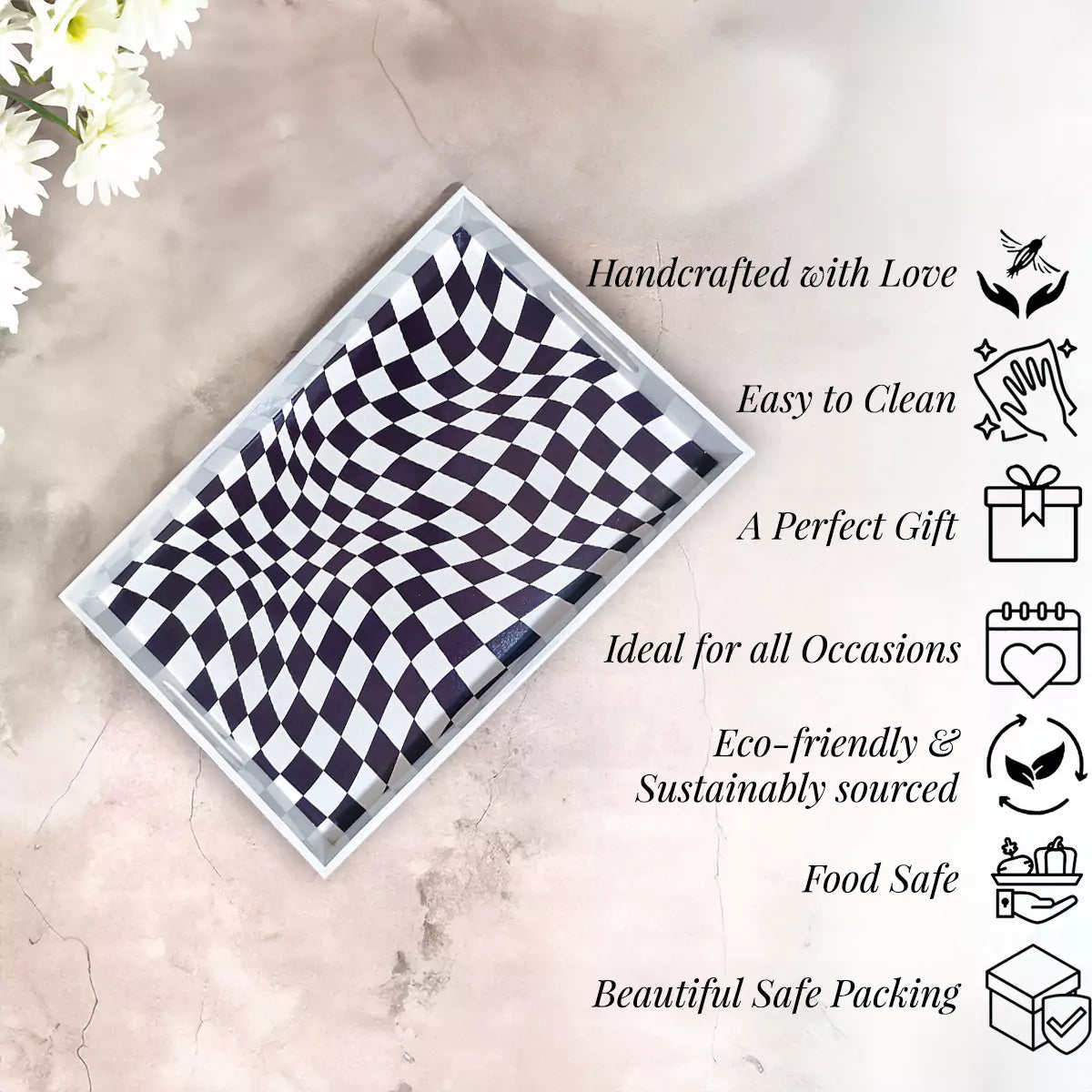 Twisted Checkers Handcrafted Signature Wooden Serving Tray 15x10inch