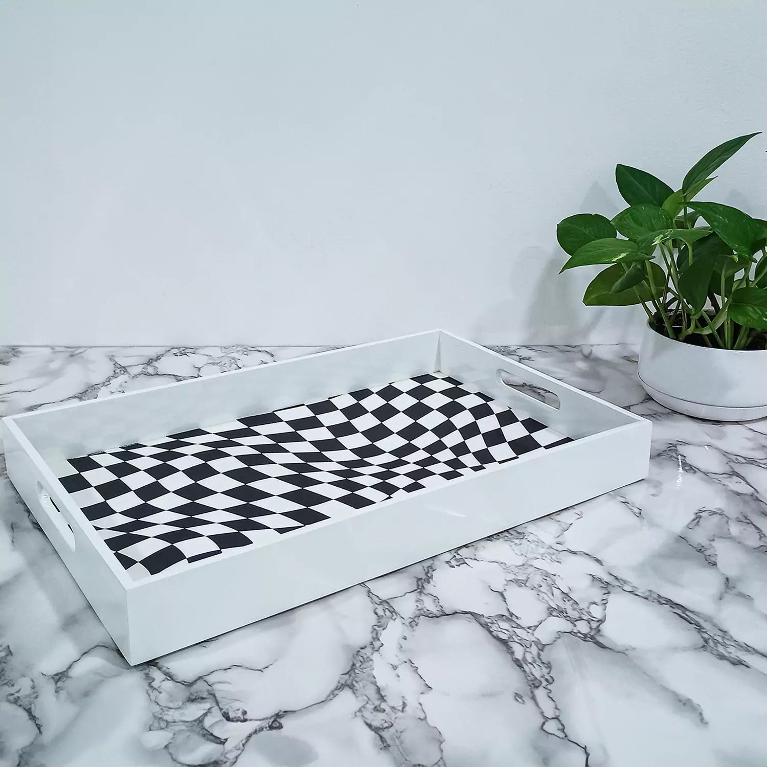 Twisted Checkers Handcrafted Signature Wooden Serving Tray 15x10inch